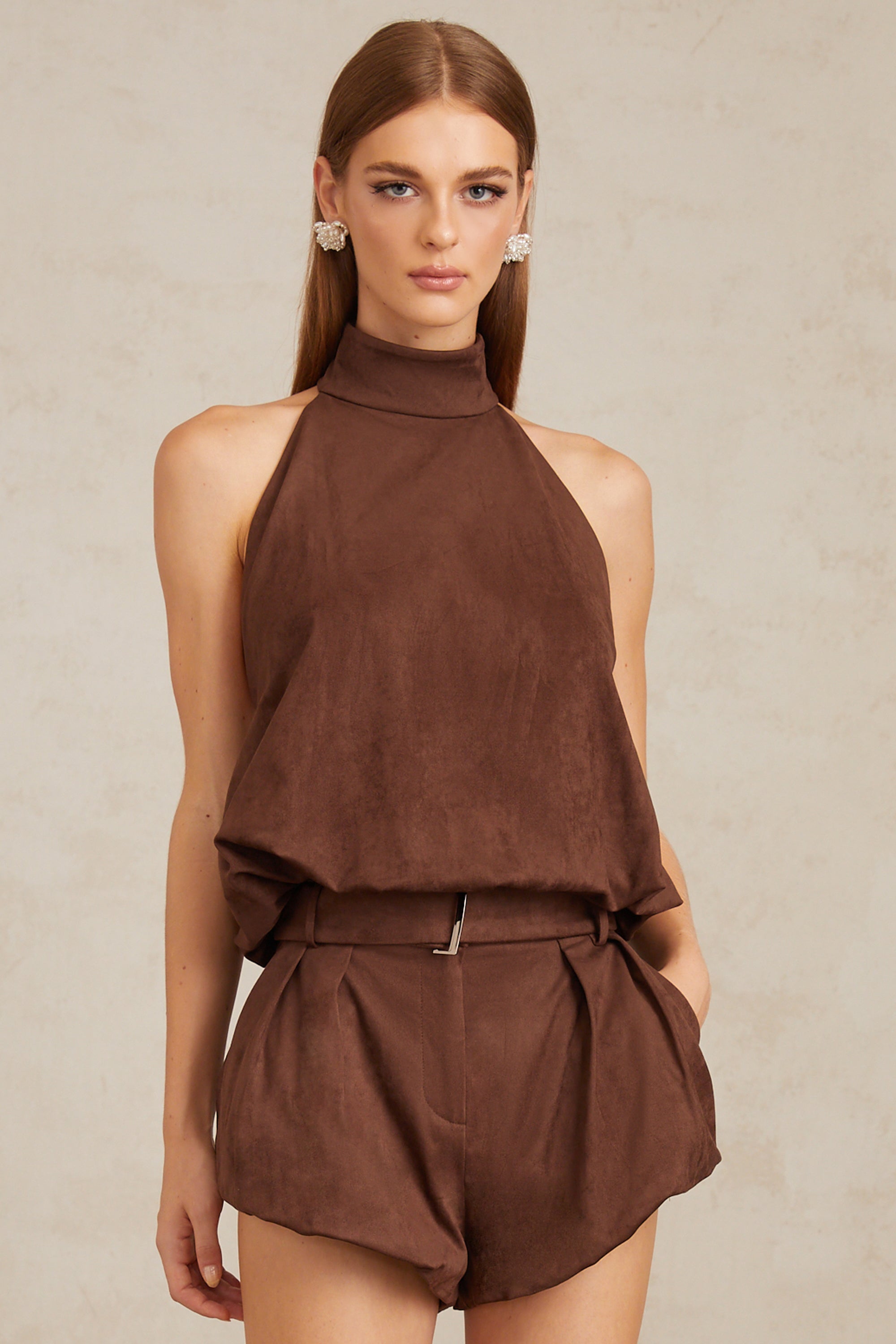 Chaney Brown Suede Bubble Hem Top & Shorts Set (Final Sale)
