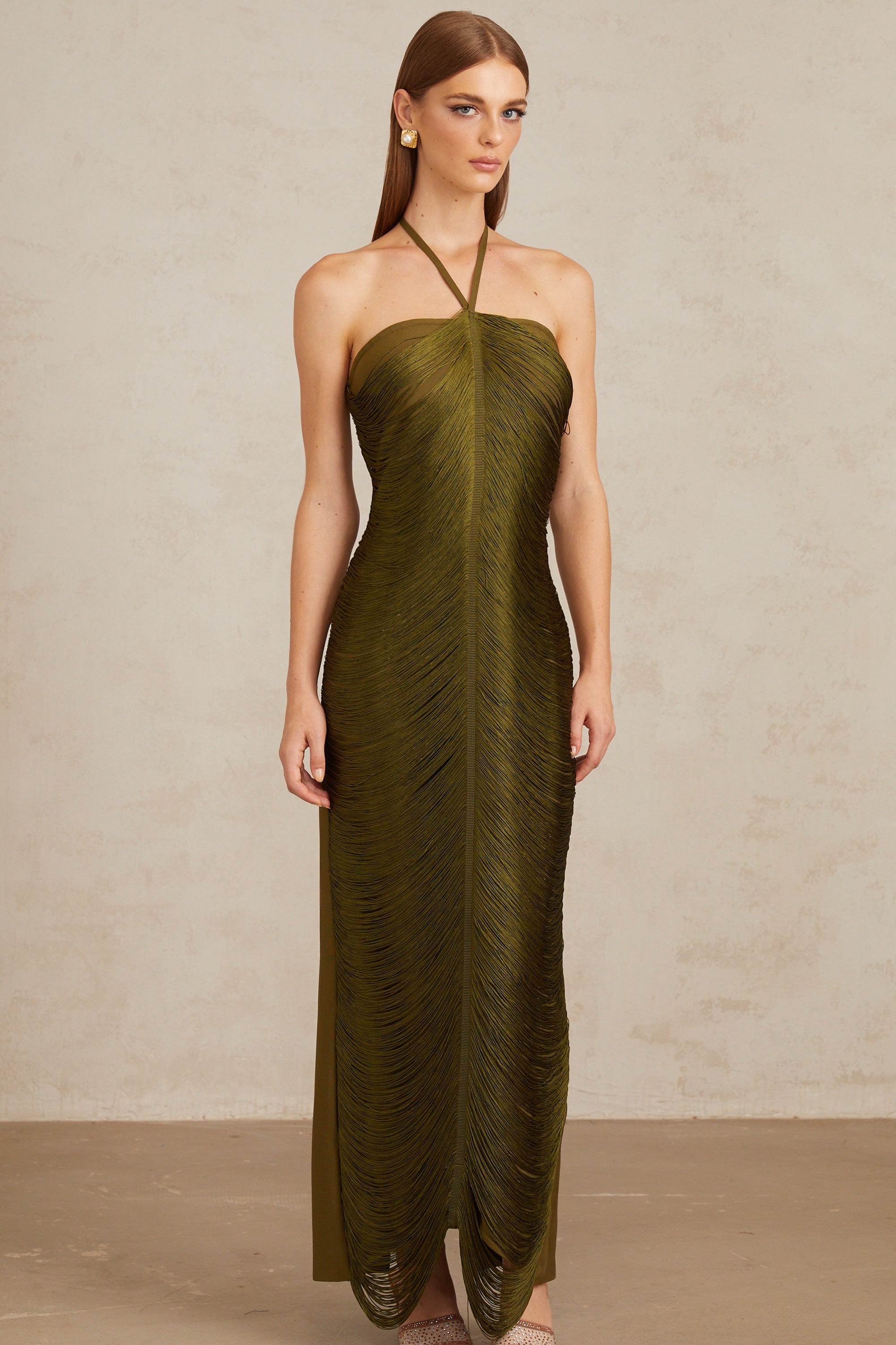 Polliana Olive Green Fringed Corset Maxi Gown (Final Sale-US Only)
