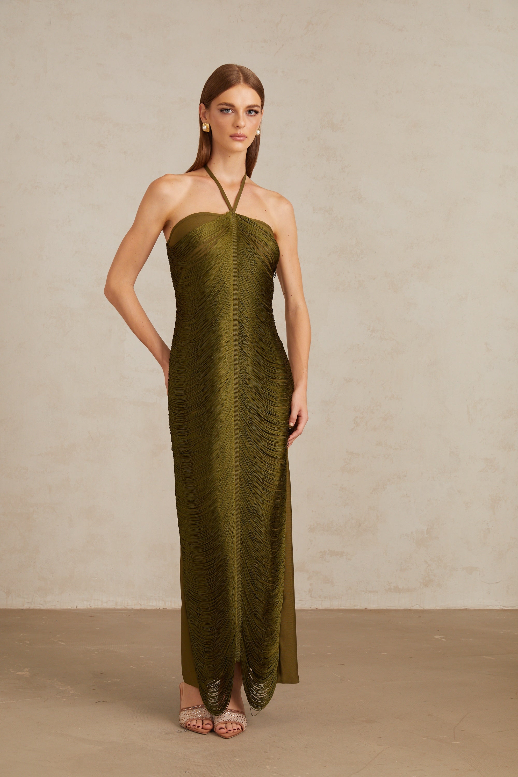 Polliana Olive Green Fringed Corset Maxi Gown (Final Sale-US Only)