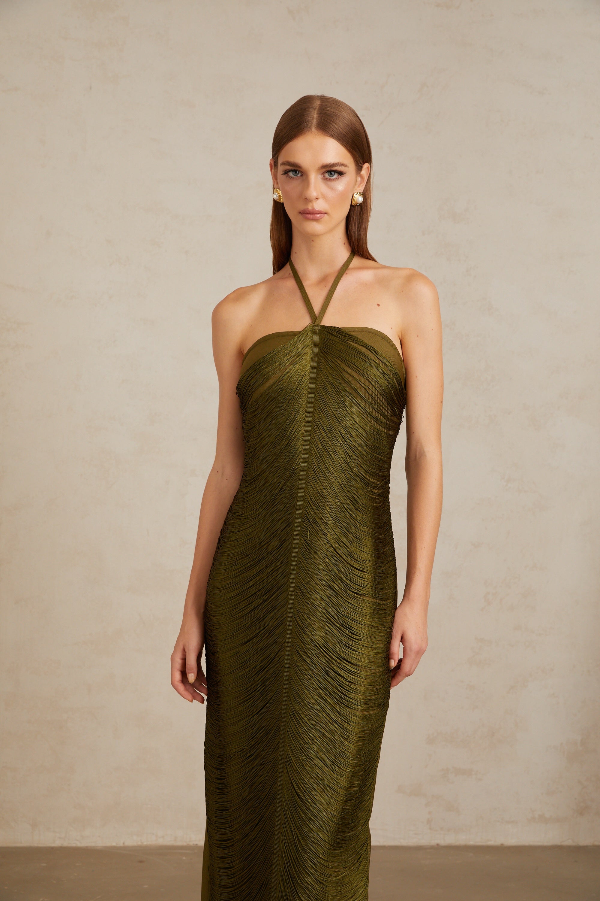 Polliana Olive Green Fringed Corset Maxi Gown (Final Sale-US Only)