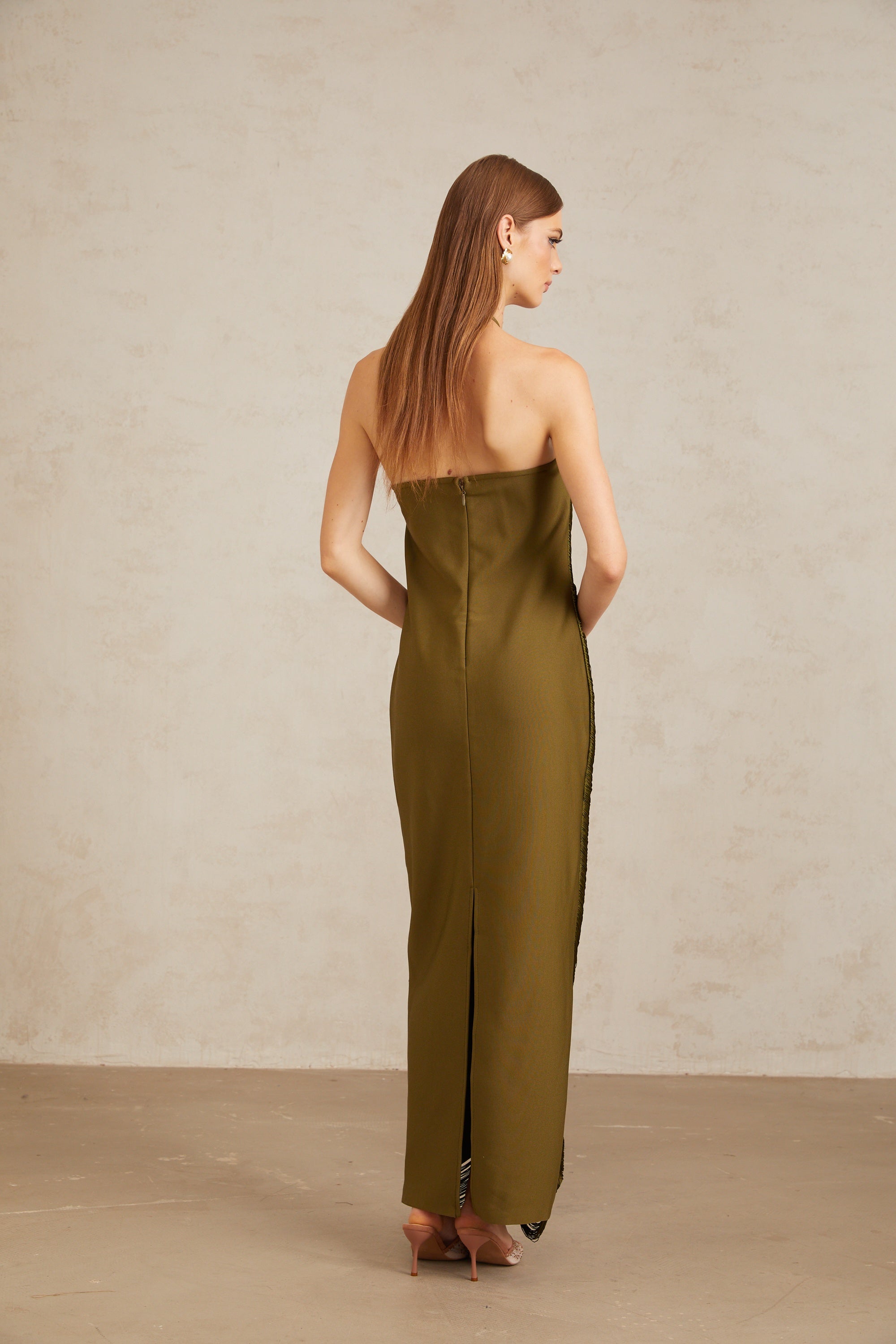 Polliana Olive Green Fringed Corset Maxi Gown (Final Sale-US Only)