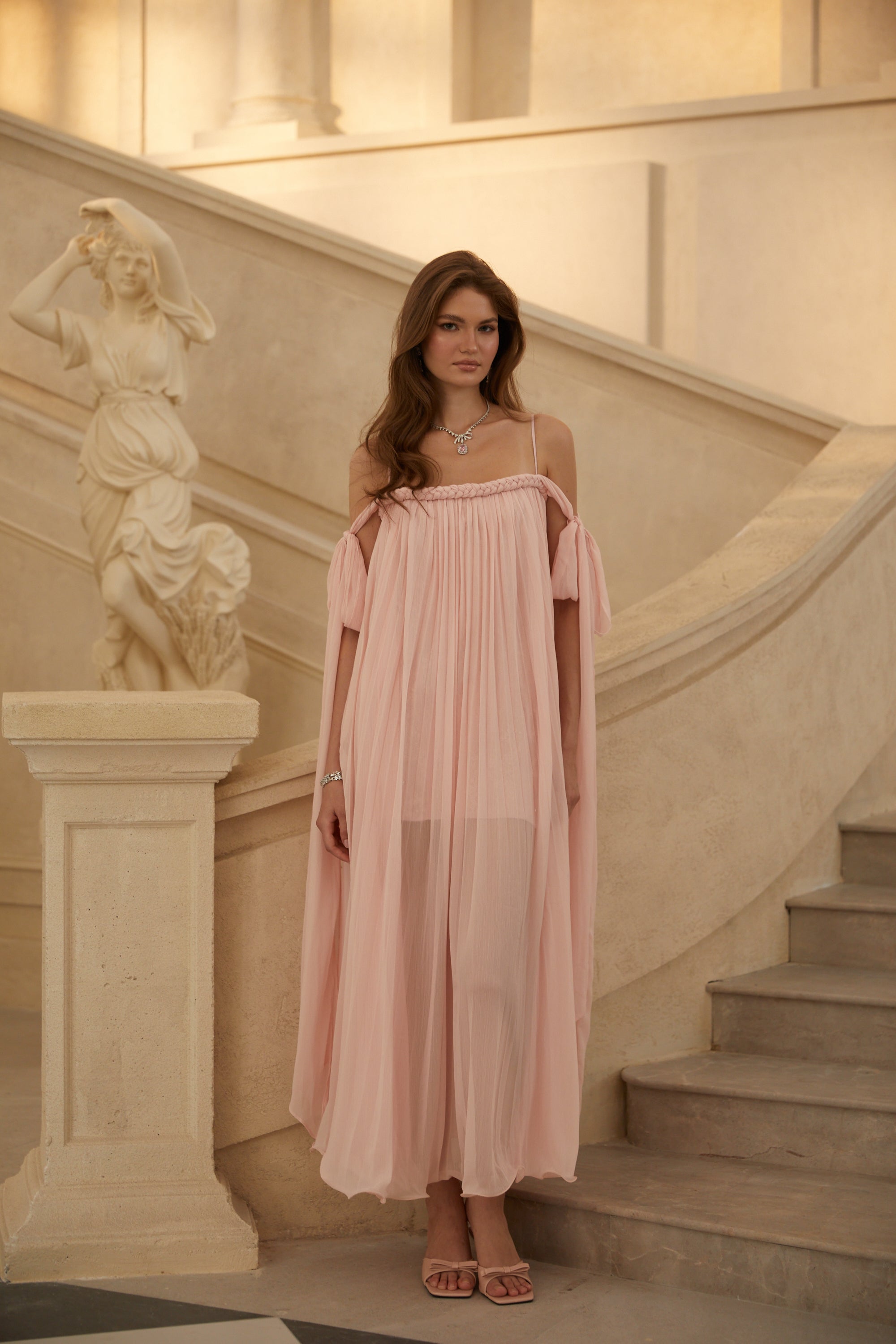Agathe Pink Braid Detail Pleated Maxi Dress (Final Sale-US Only)