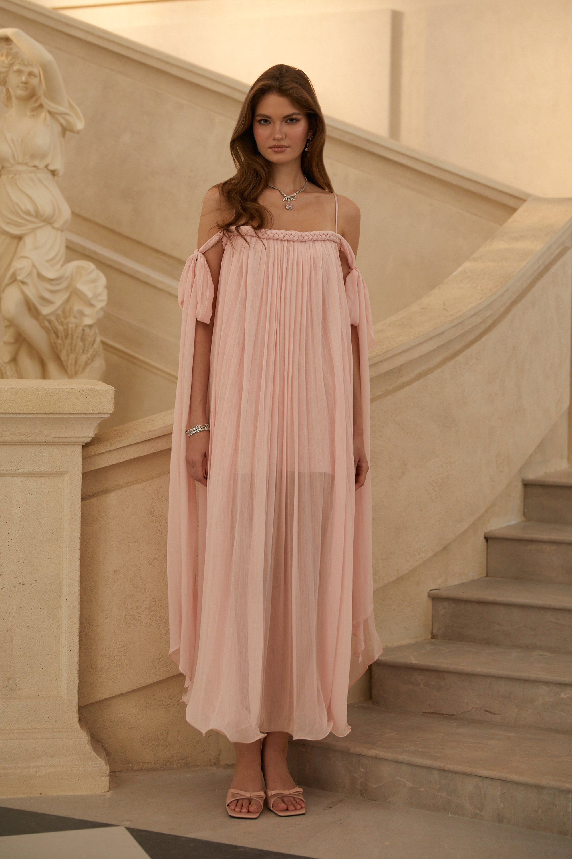 Agathe Pink Braid Detail Pleated Maxi Dress (Final Sale-US Only)
