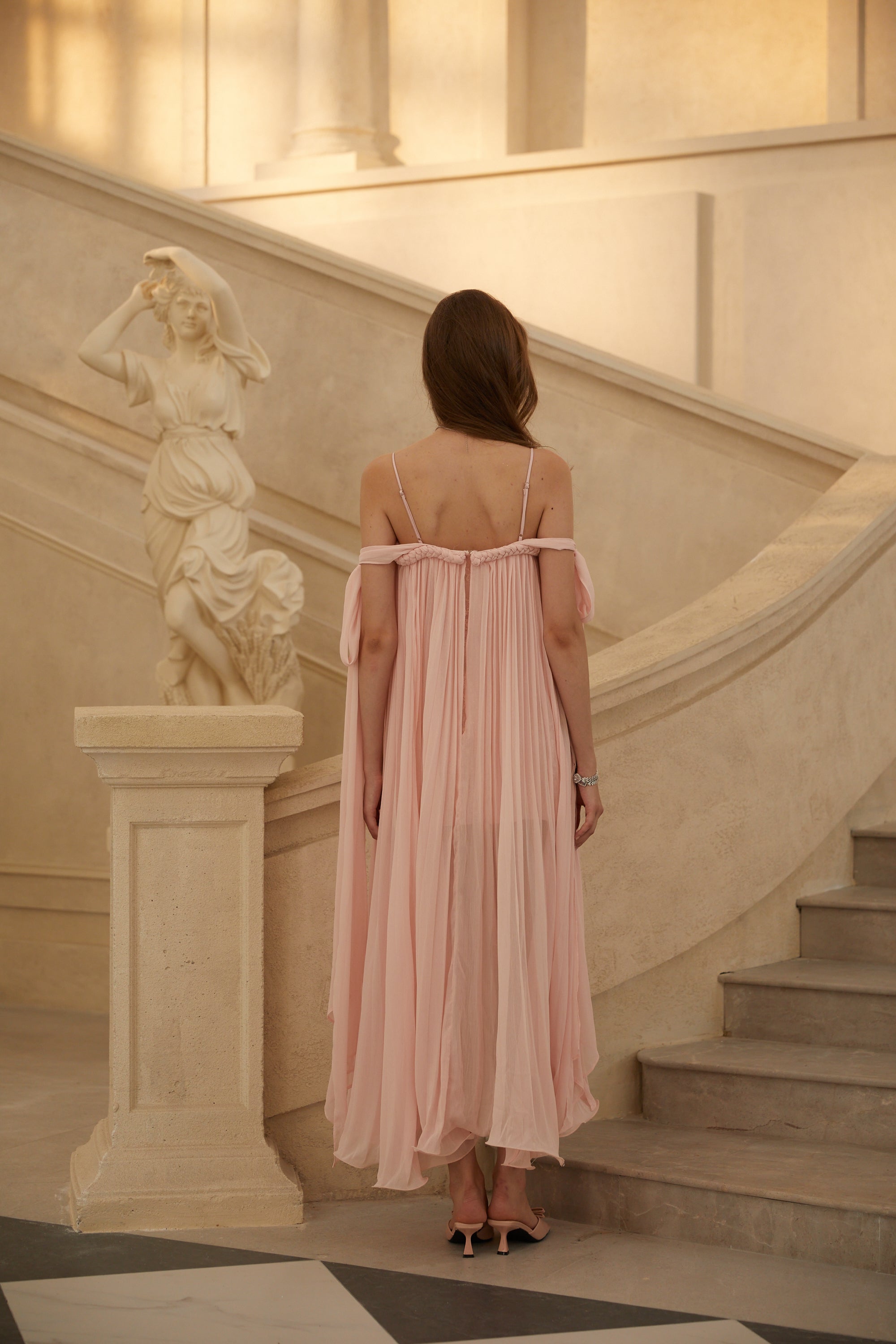 Agathe Pink Braid Detail Pleated Maxi Dress (Final Sale-US Only)
