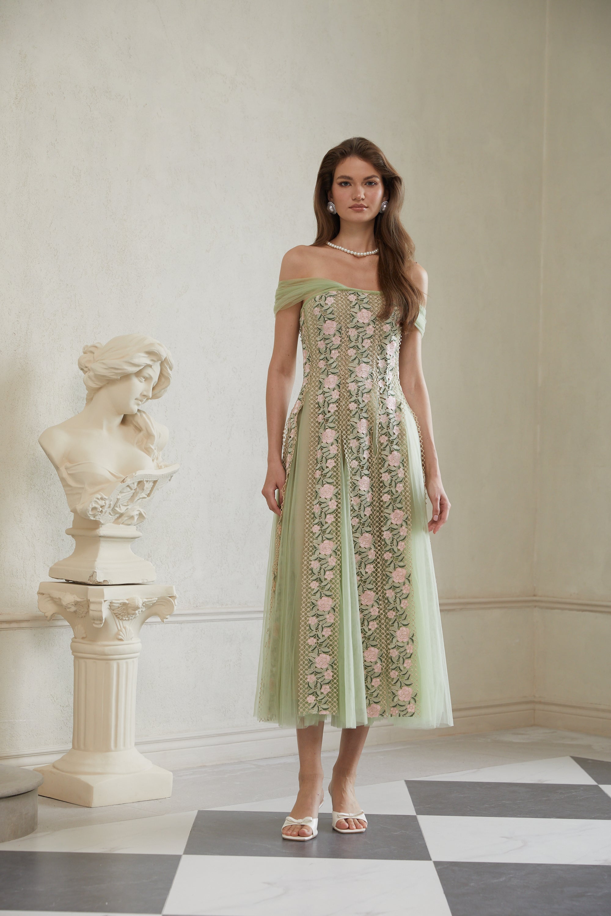 Eleni Green Tulle Panel Floral Midi Dress (Final Sale-US Only)