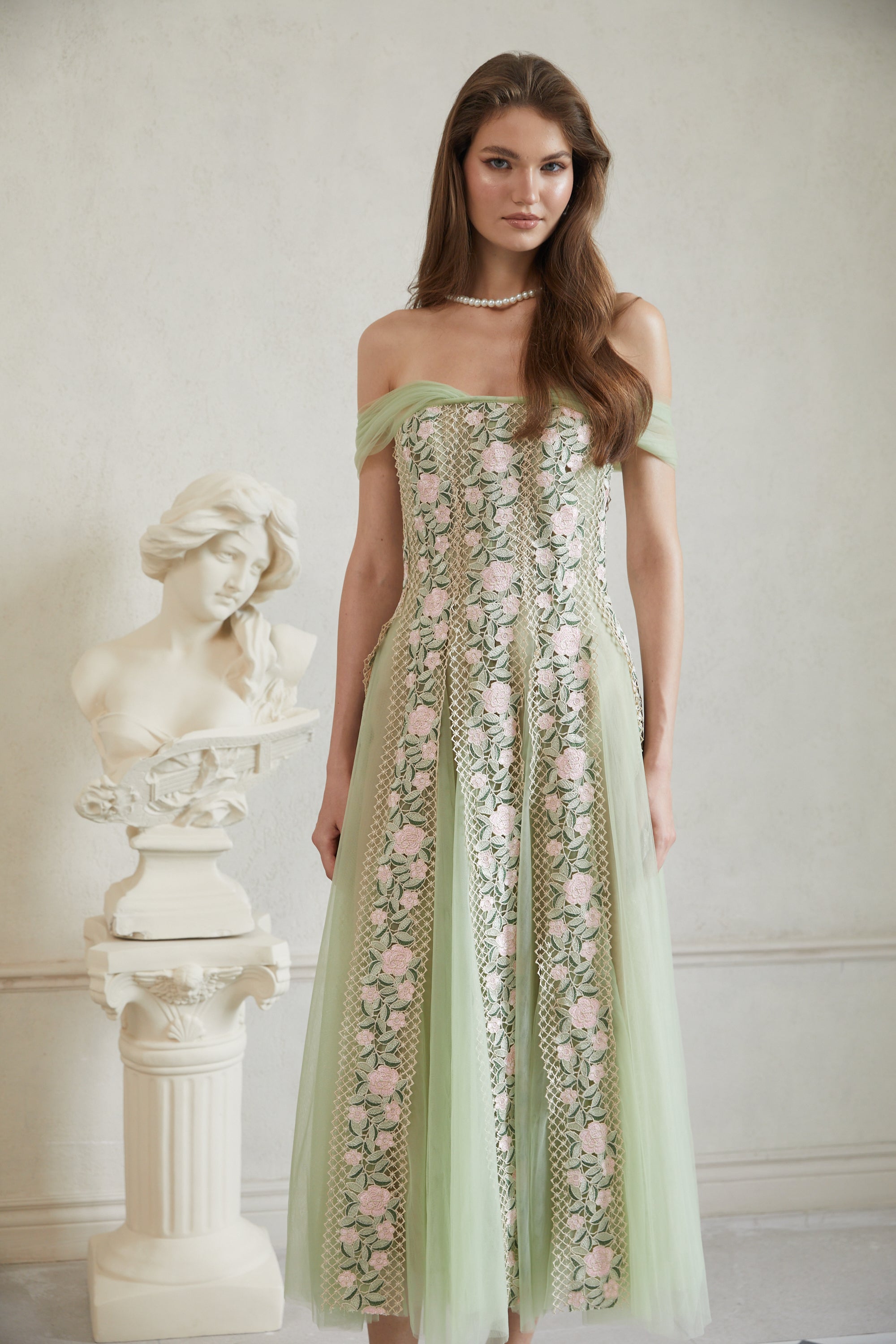 Eleni Green Tulle Panel Floral Midi Dress (Final Sale-US Only)