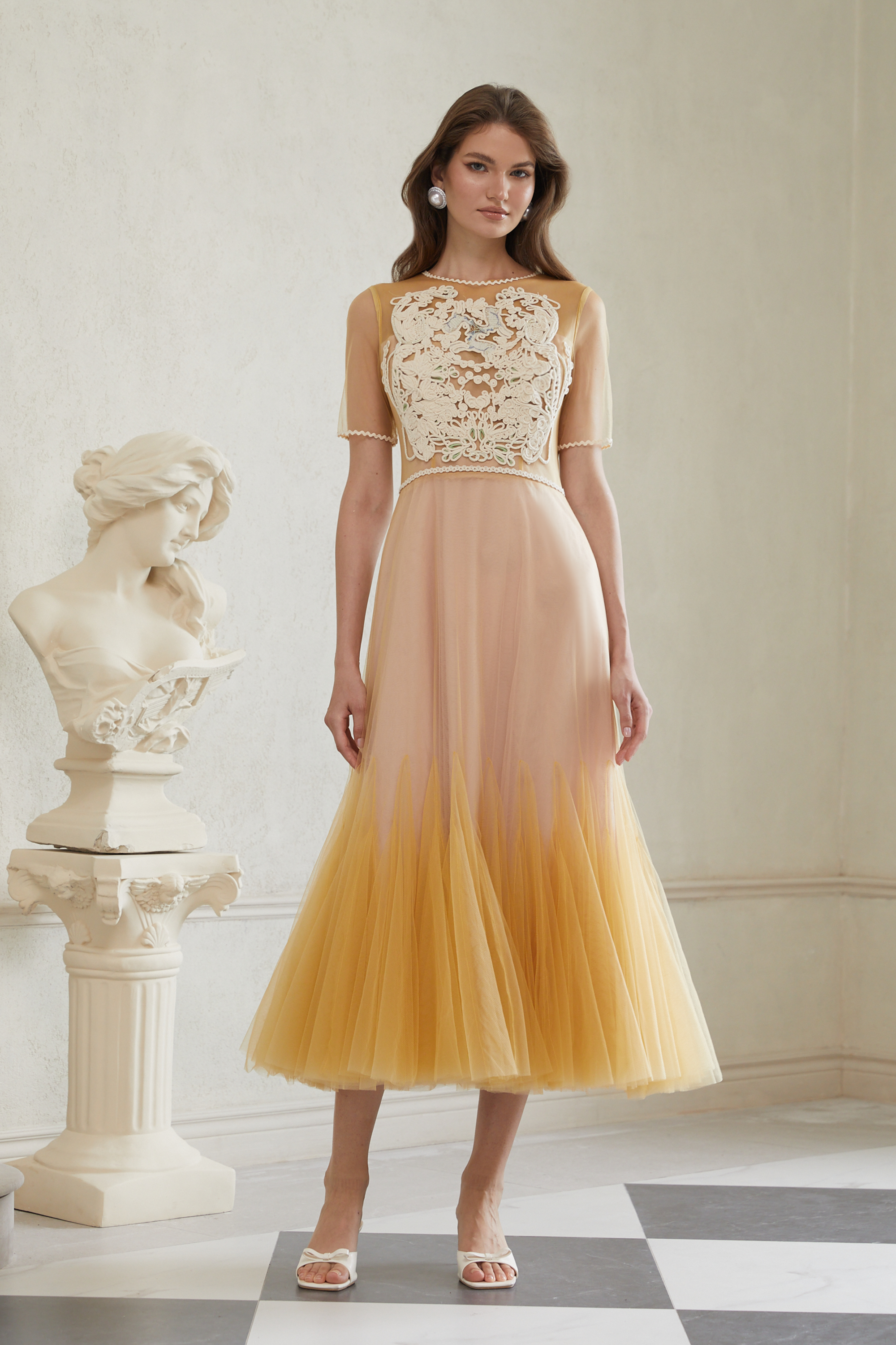 Despoina Yellow Floral Braided Tulle Midi Dress (Final Sale)