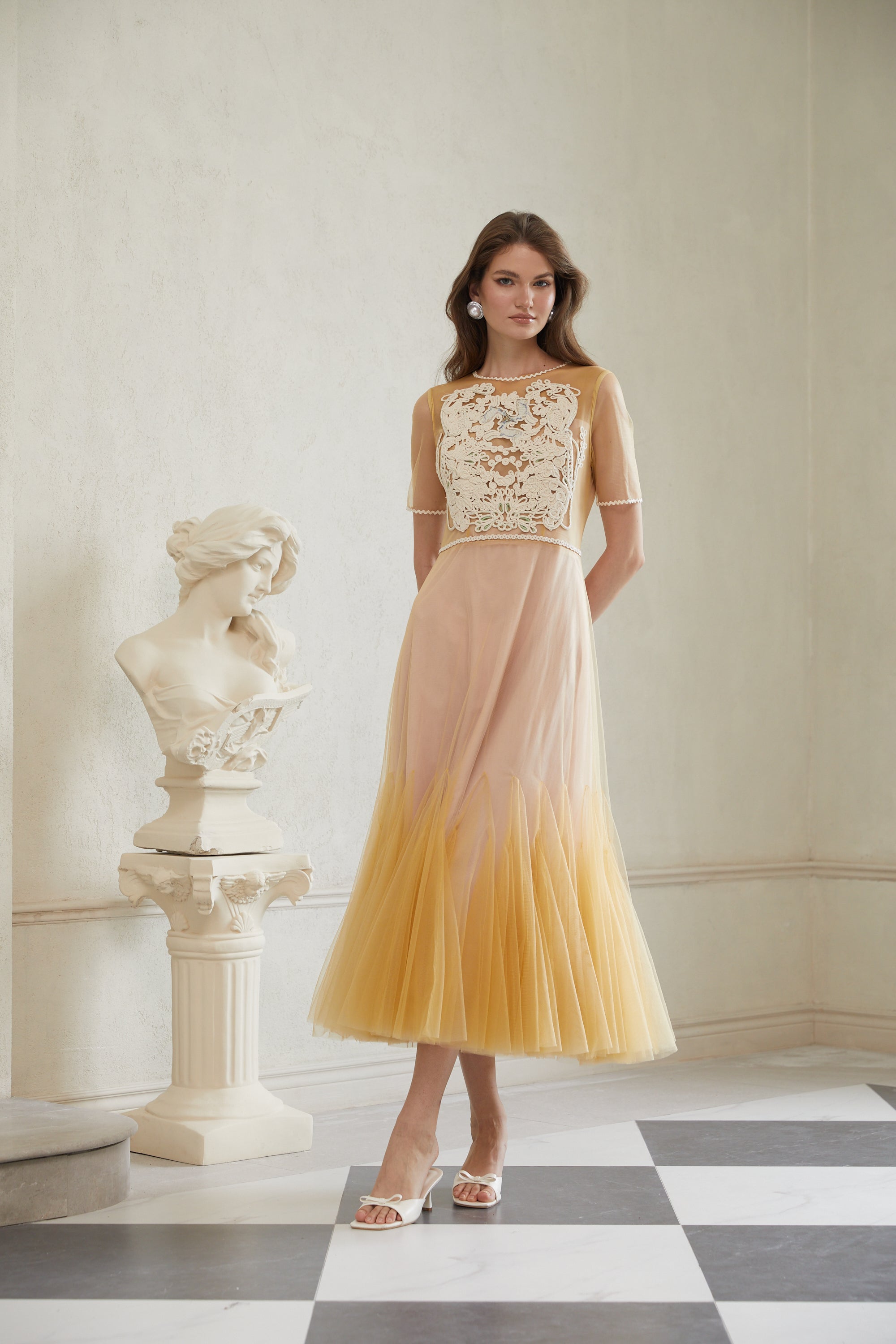 Despoina Yellow Floral Braided Tulle Midi Dress (Final Sale)