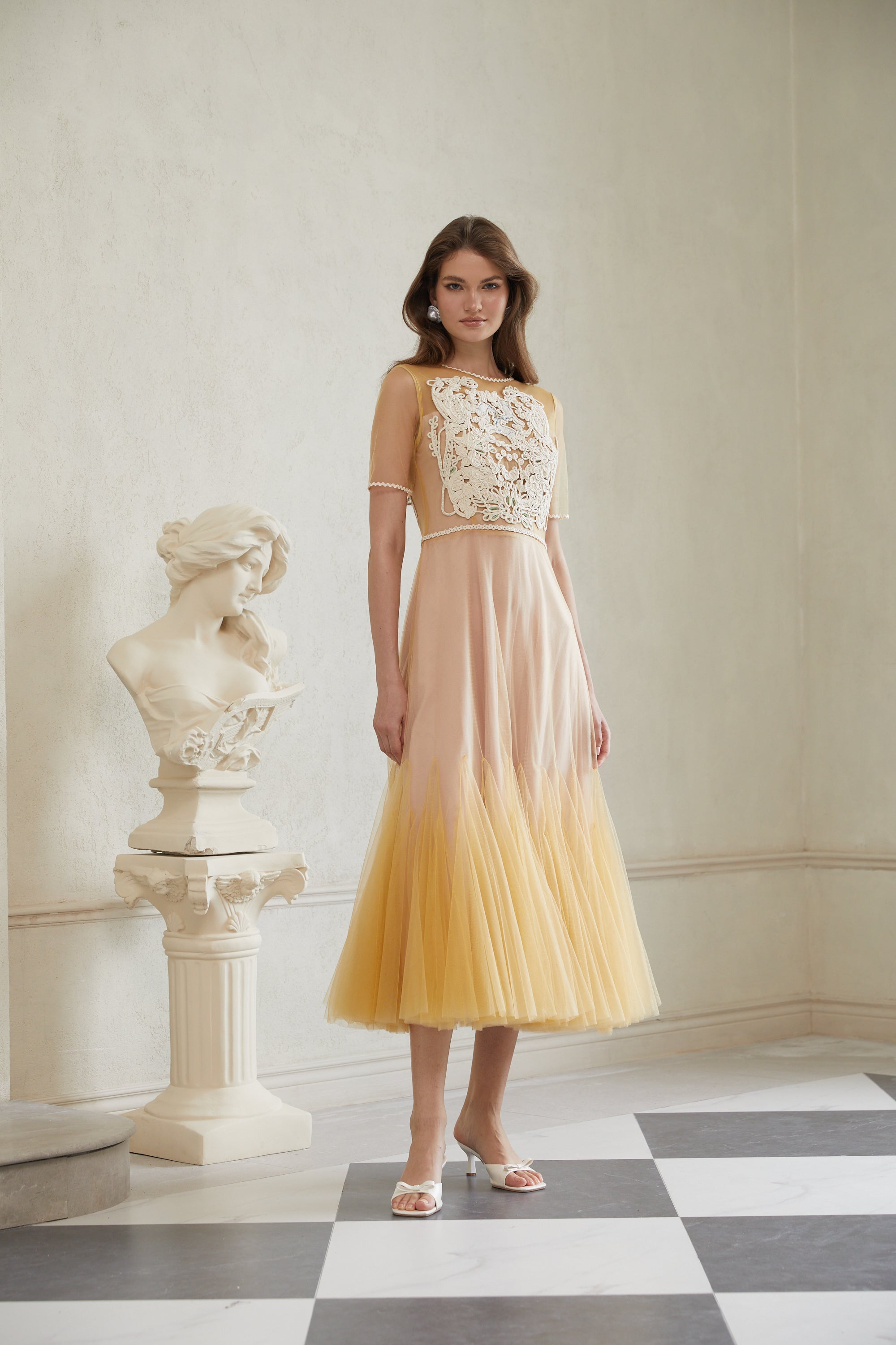 Despoina Yellow Floral Braided Tulle Midi Dress (Final Sale)