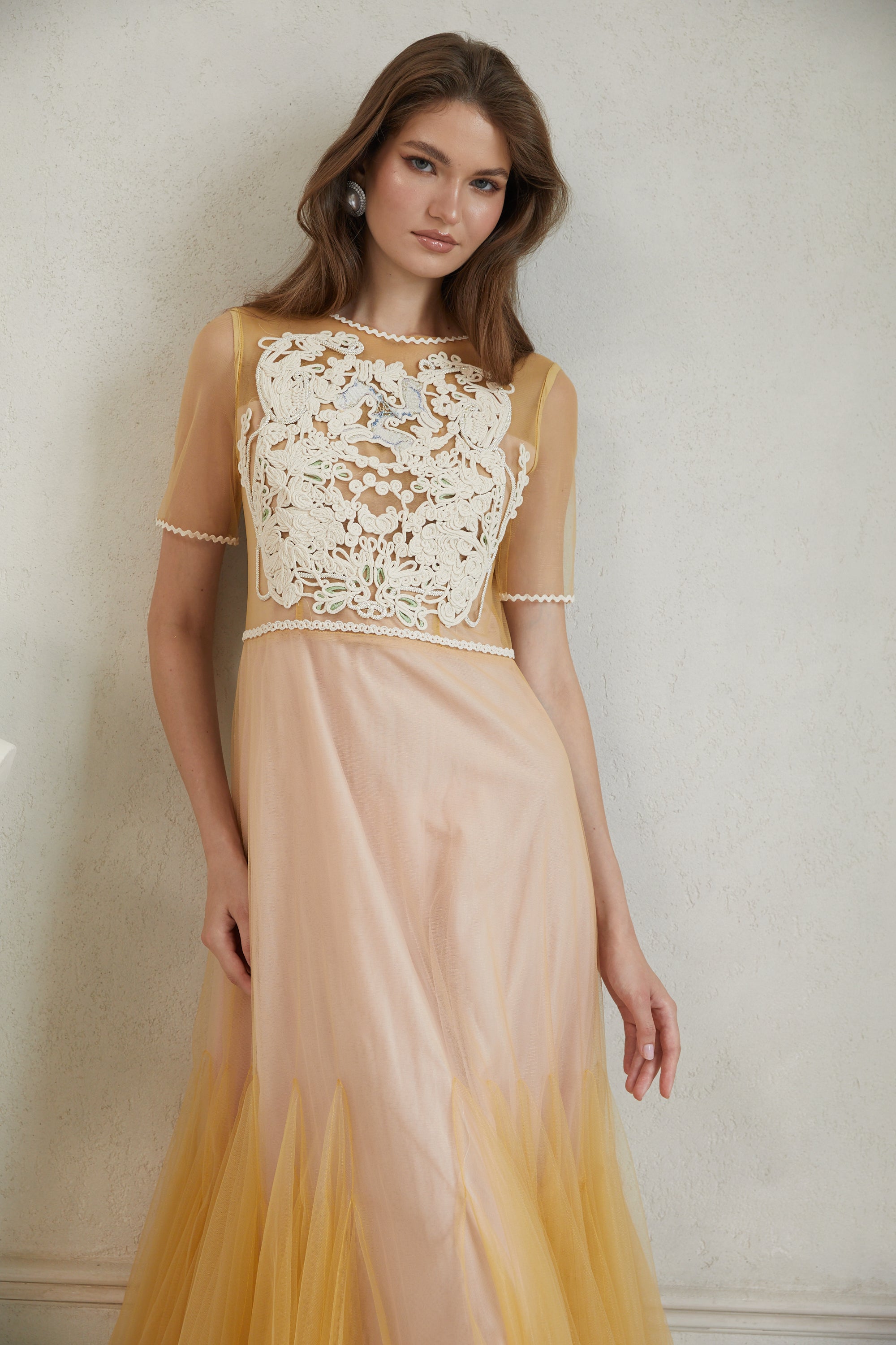 Despoina Yellow Floral Braided Tulle Midi Dress (Final Sale)