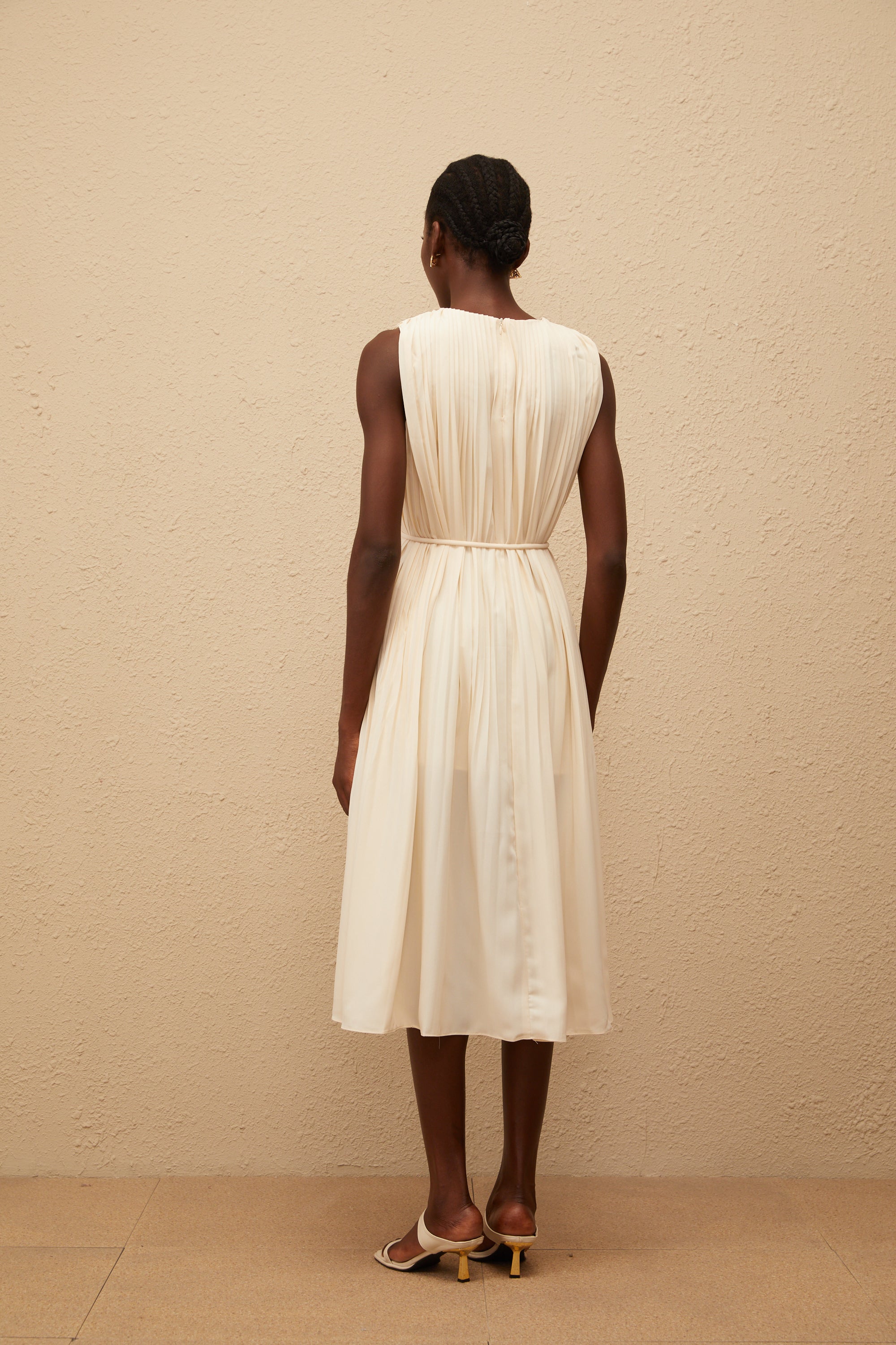 Célestine Neutral Sleeveless Pleated Midi Dress (Final Sale-US Only)