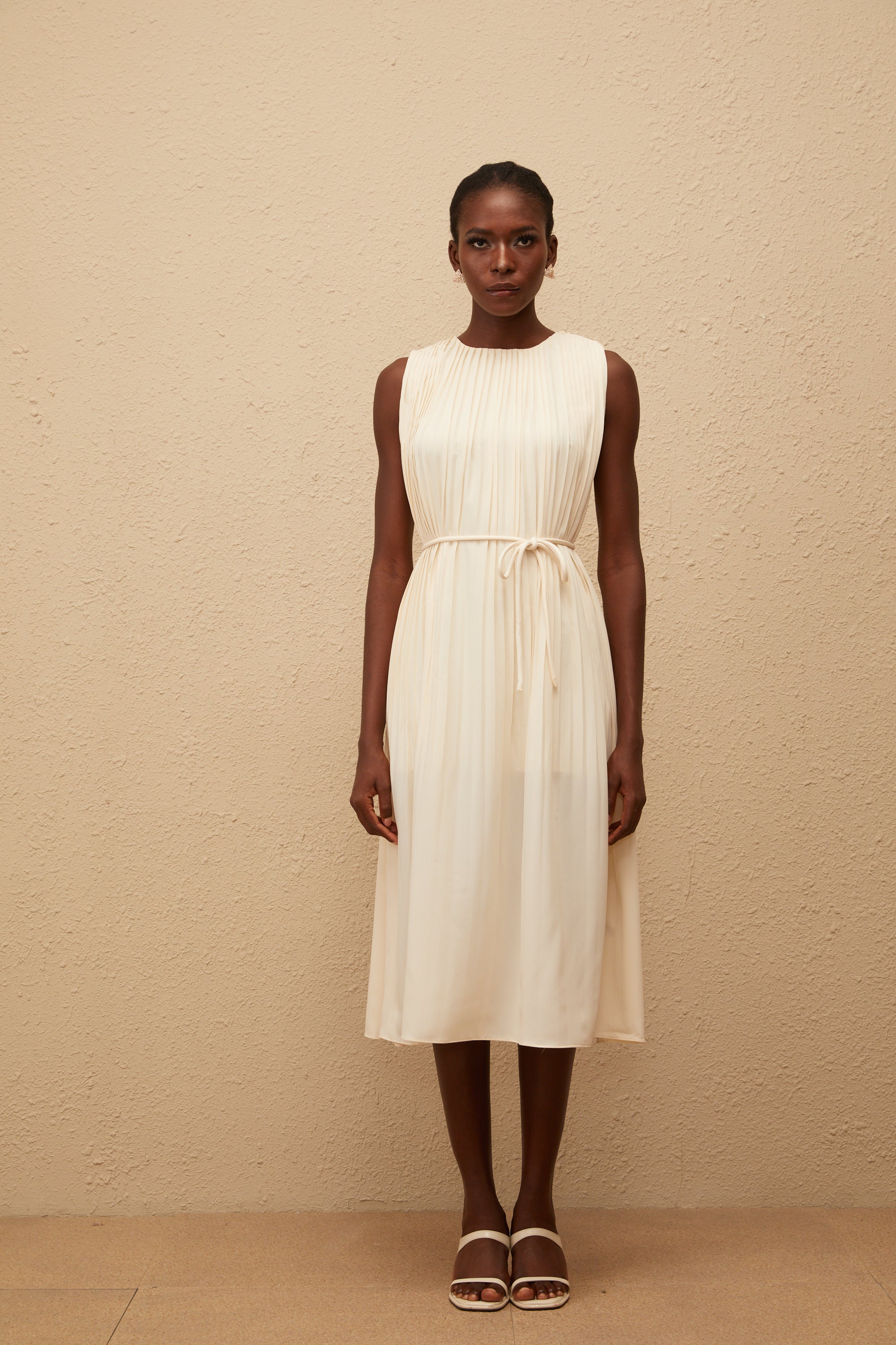 Célestine Neutral Sleeveless Pleated Midi Dress (Final Sale-US Only)