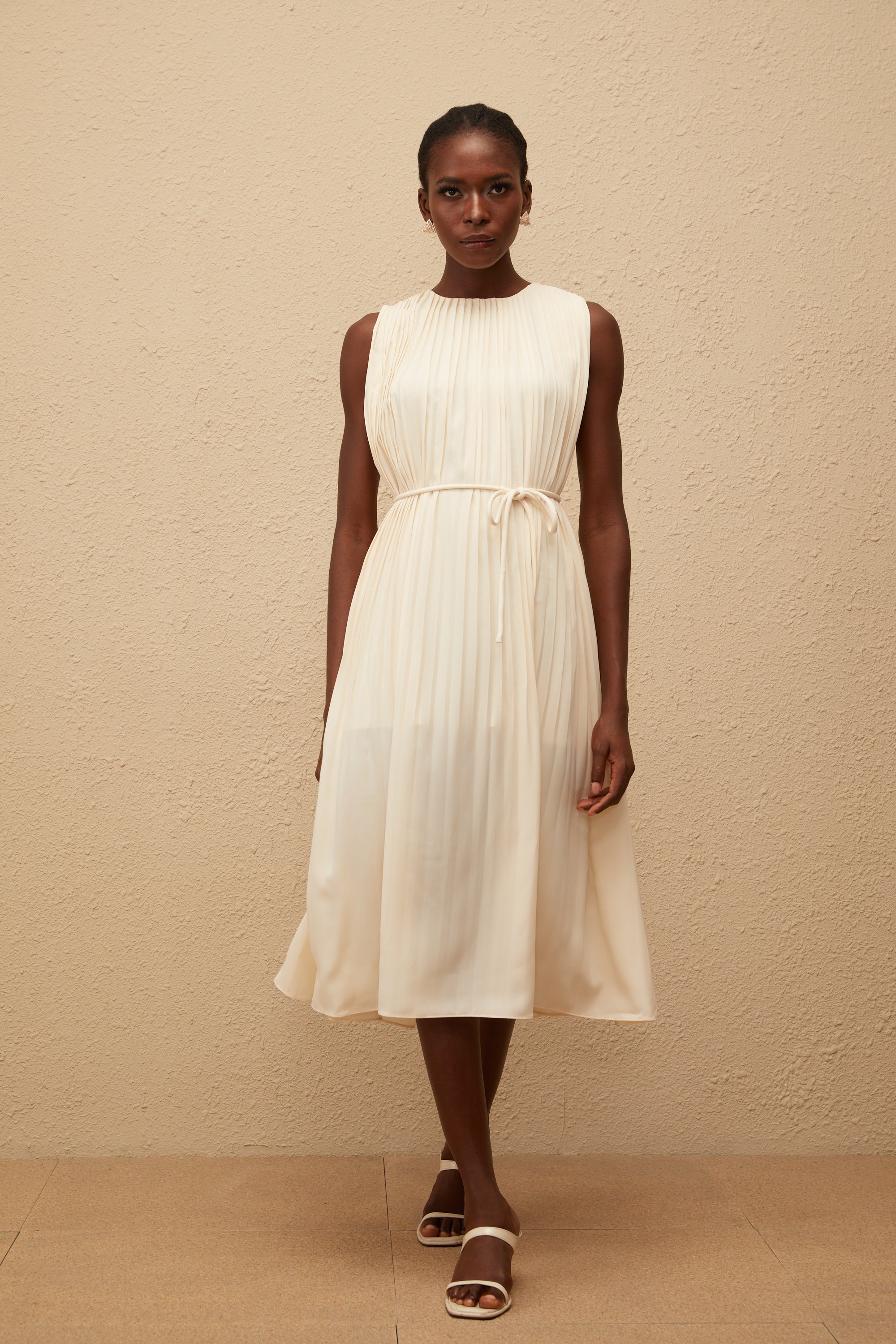 Célestine Neutral Sleeveless Pleated Midi Dress (Final Sale-US Only)