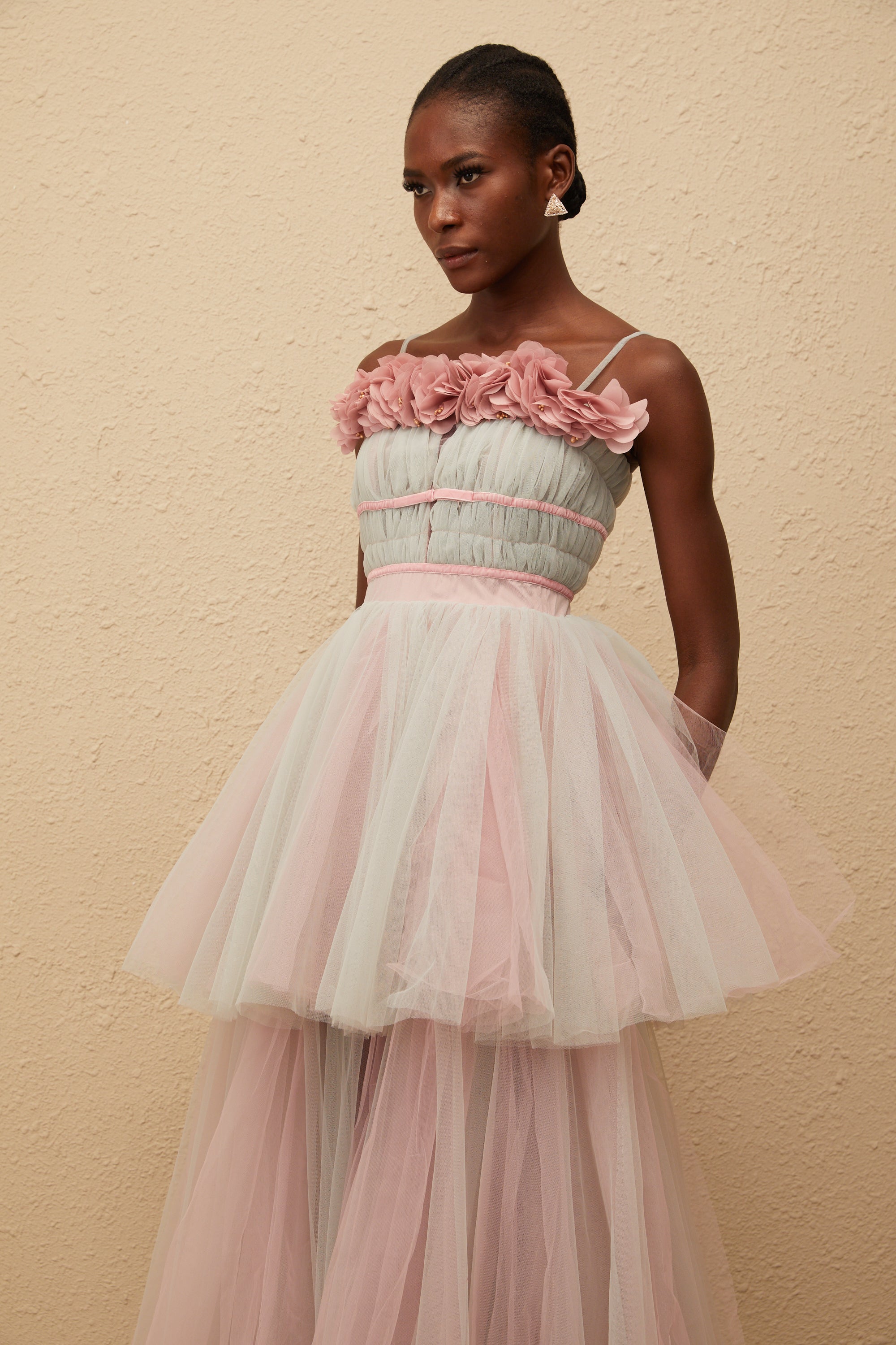 Hermione Grey 3D Petal Tulle Maxi Dress
