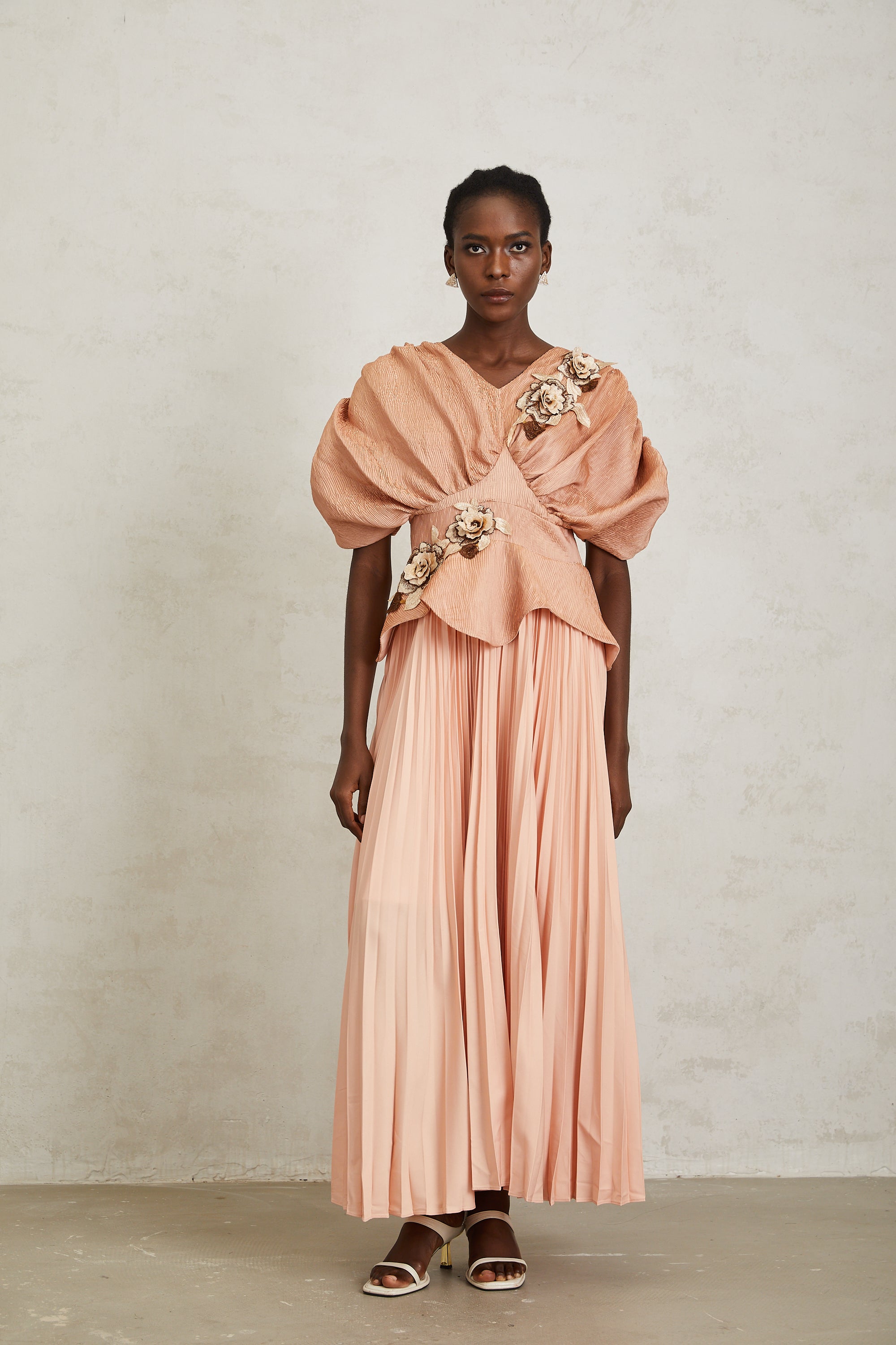 Camille Pink Floral Appliqué Pleated Maxi Dress