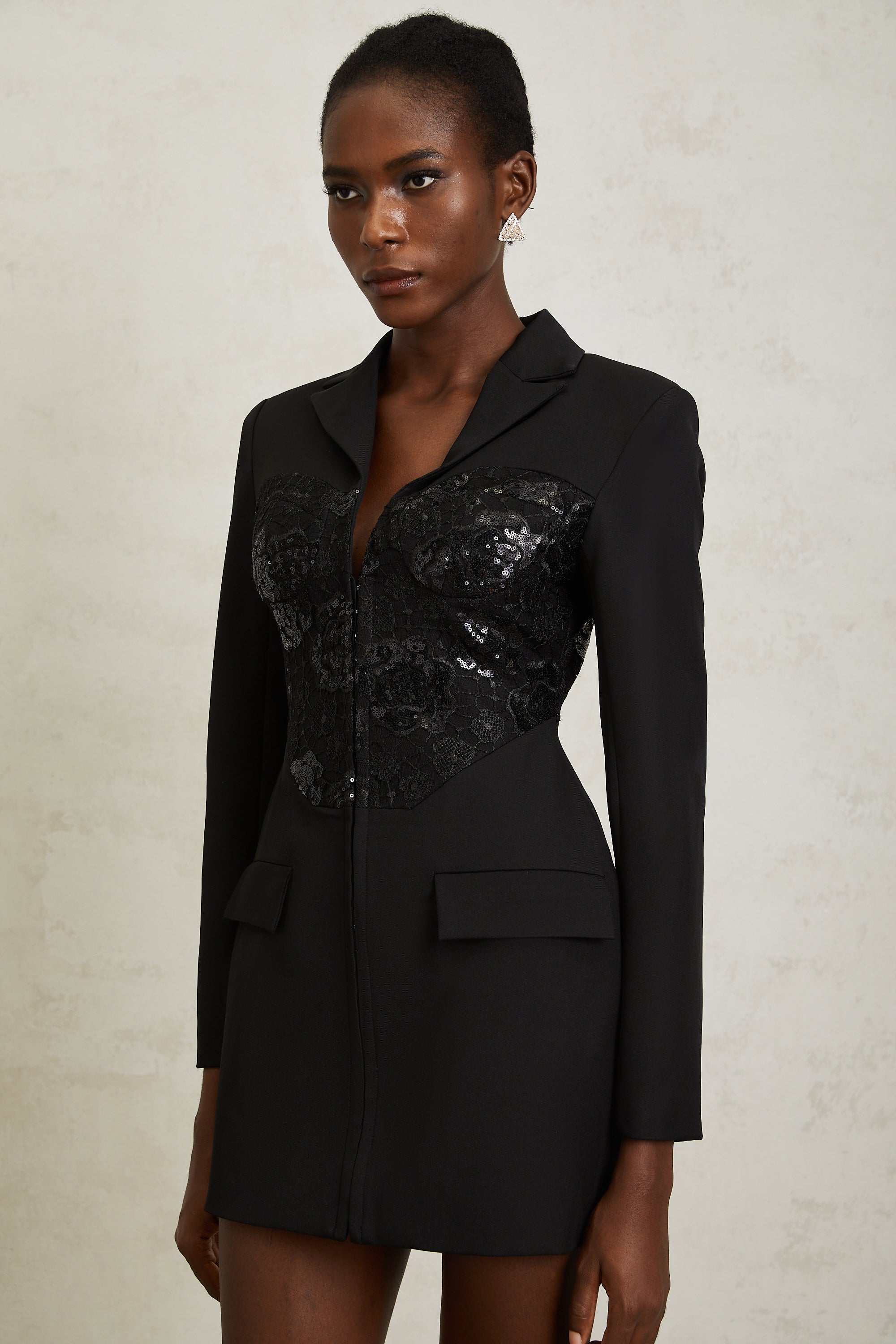 Jacinta Black Lace Panel Mini Blazer Dress (Final Sale)