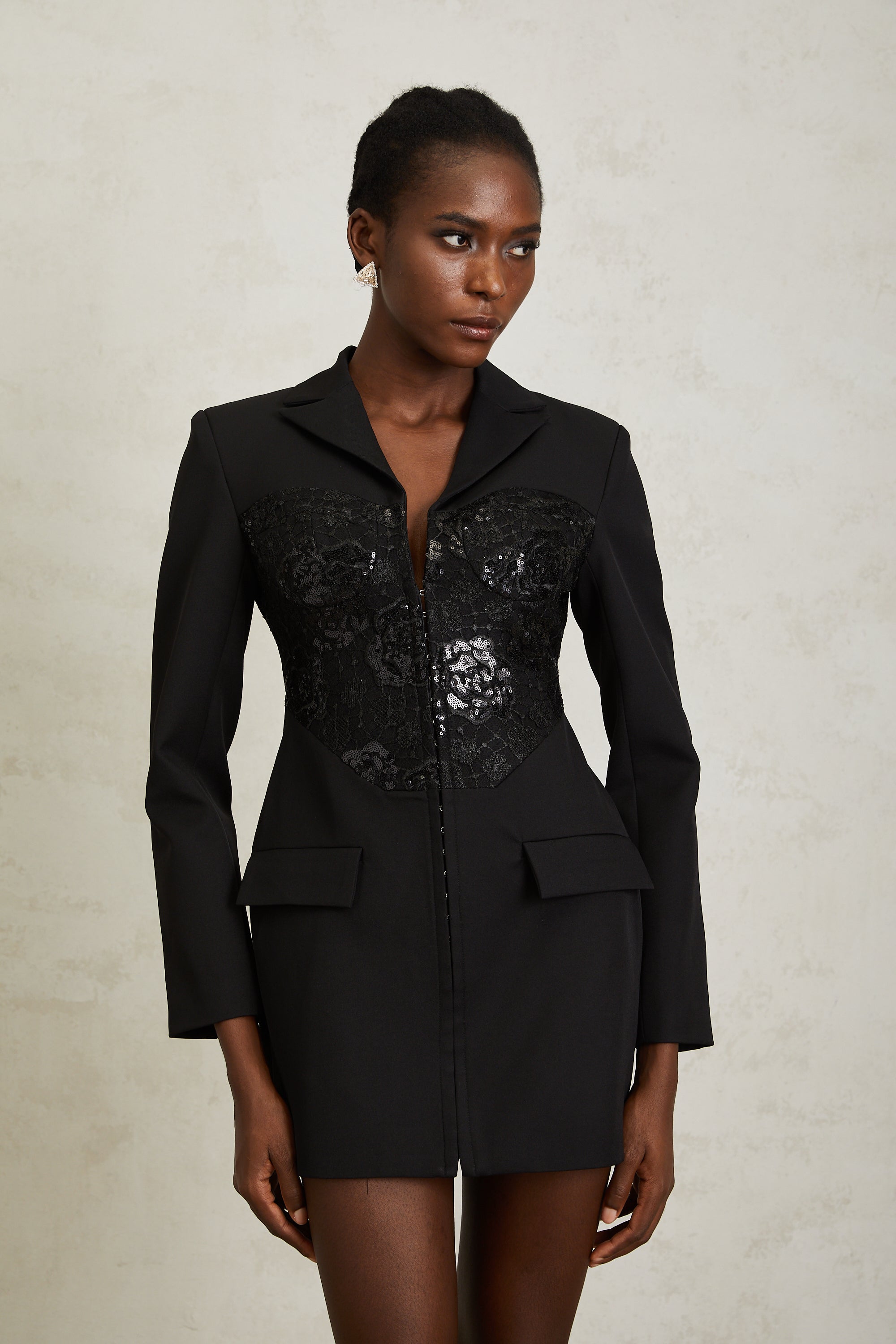 Jacinta Black Lace Panel Mini Blazer Dress (Final Sale)