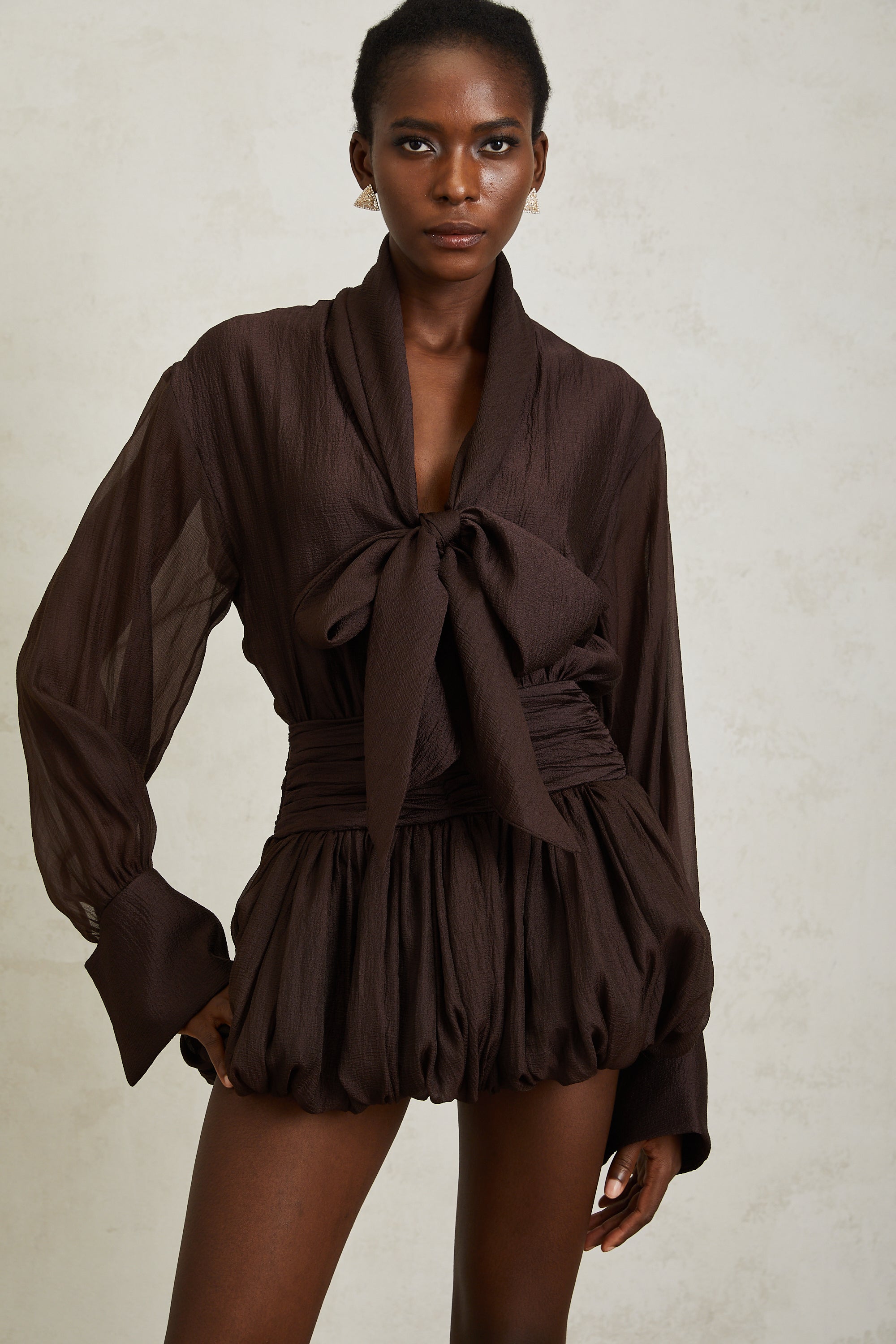 Isabella Brown Ribbon Tie Neck Mini Dress (Final Sale-US Only)