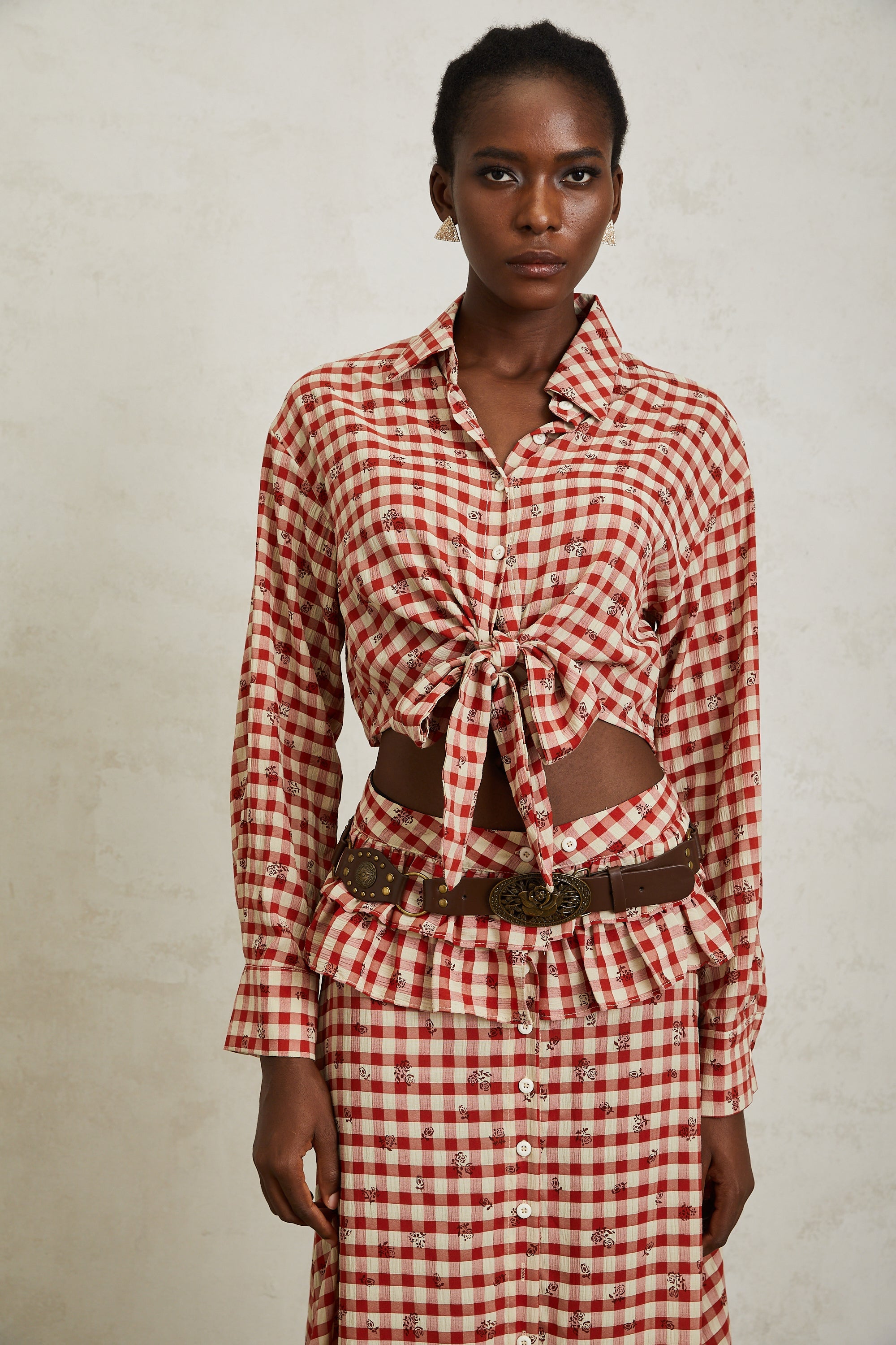 Céline Red Rose Print Plaid Shirt & Skirt Set (Without Belt)