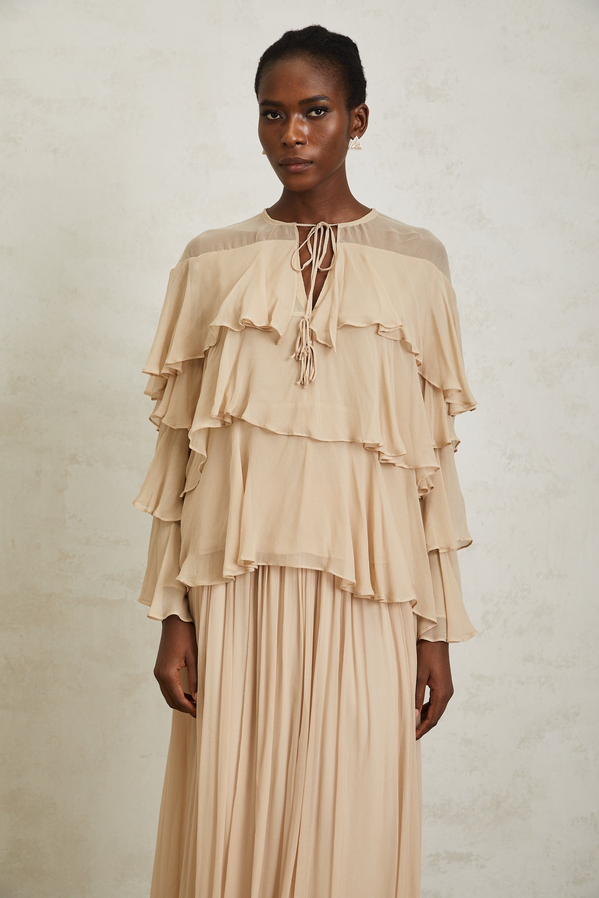 Brigitte Neutral Layered Chiffon Blouse & Skirt Set (Final Sale)