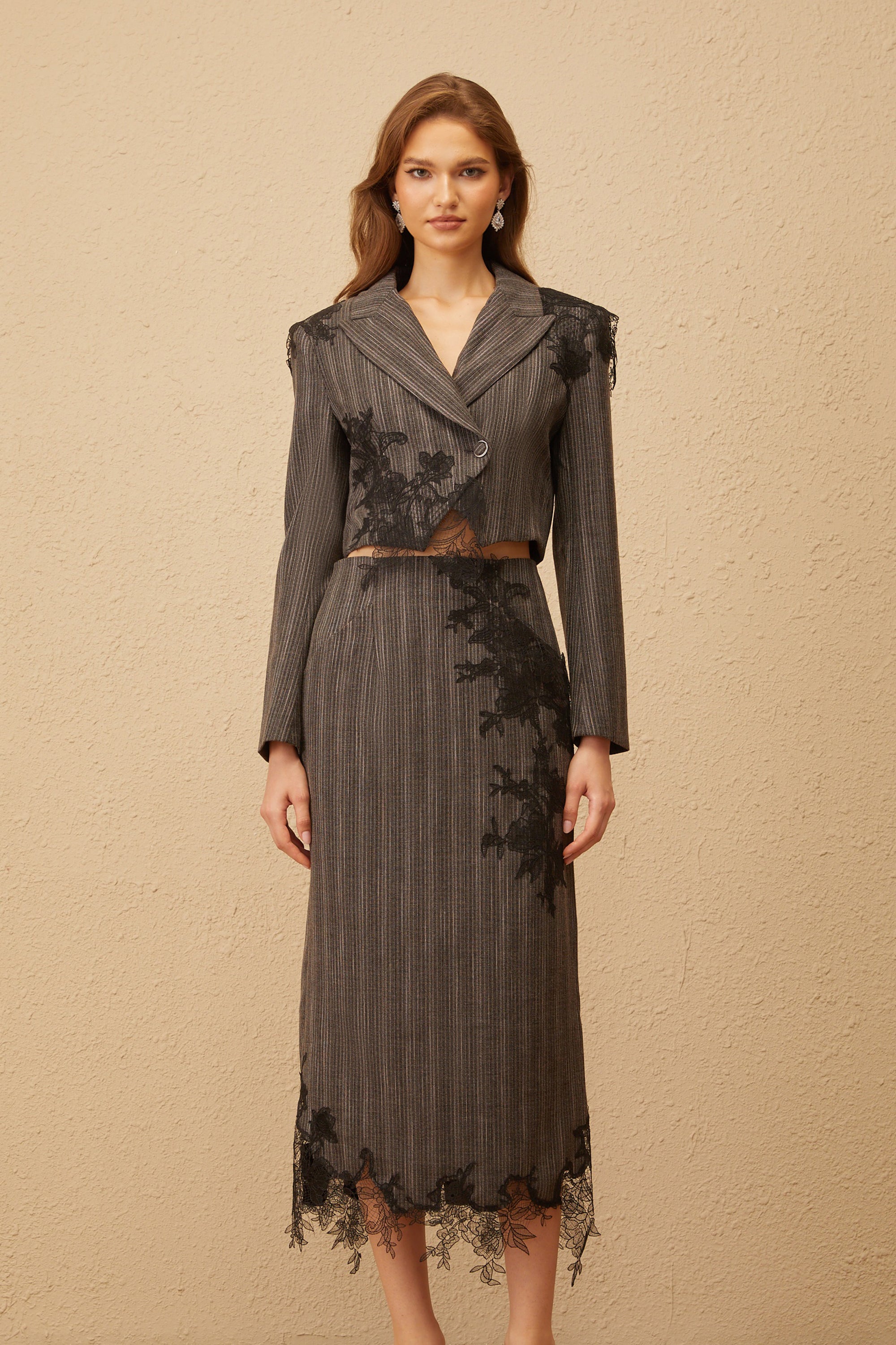 Sidonie Grey Floral Appliqué Striped Blazer & Skirt Set (Final Sale)
