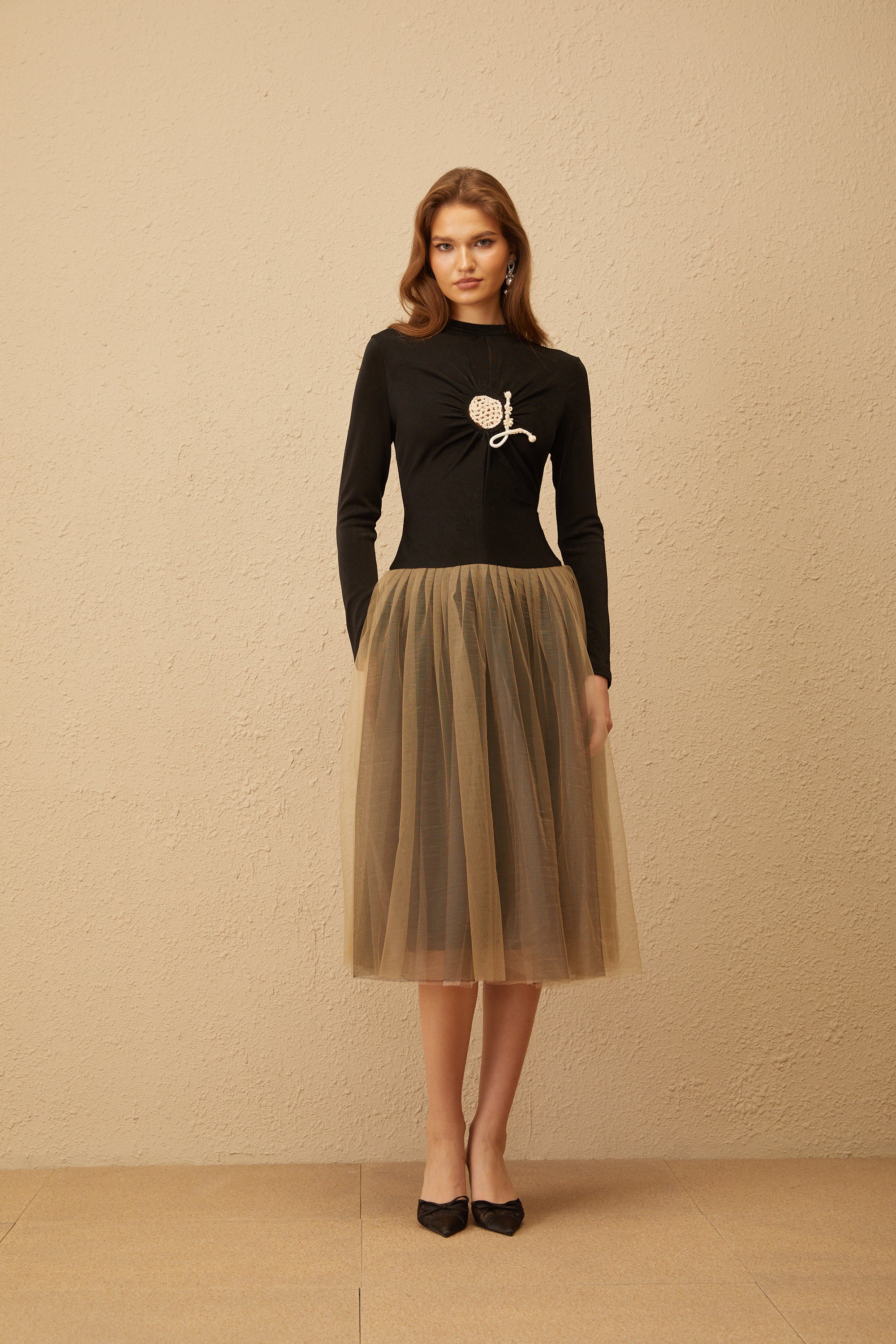 Cézanne Black Crochet Detail Tulle Panel Midi Dress (Final Sale)