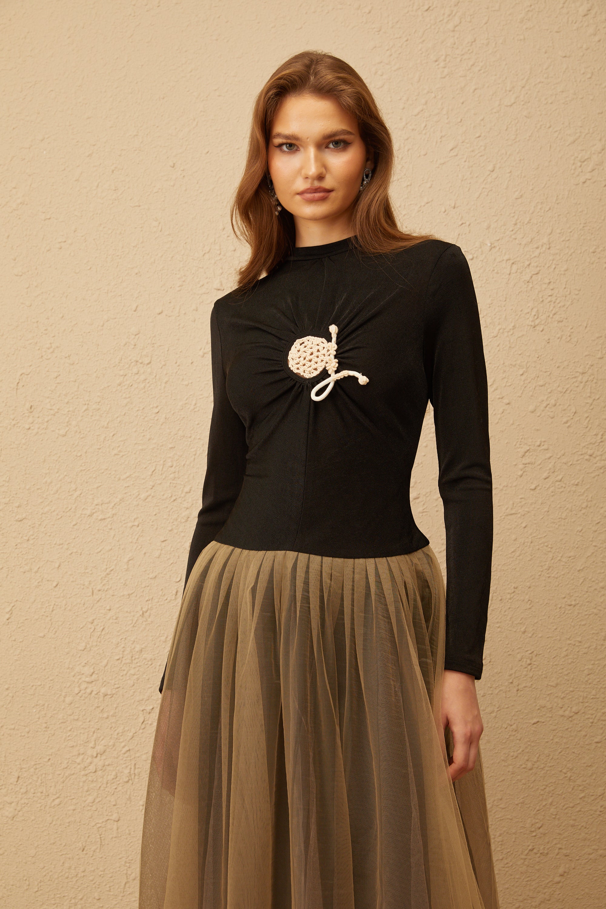 Cézanne Black Crochet Detail Tulle Panel Midi Dress (Final Sale)