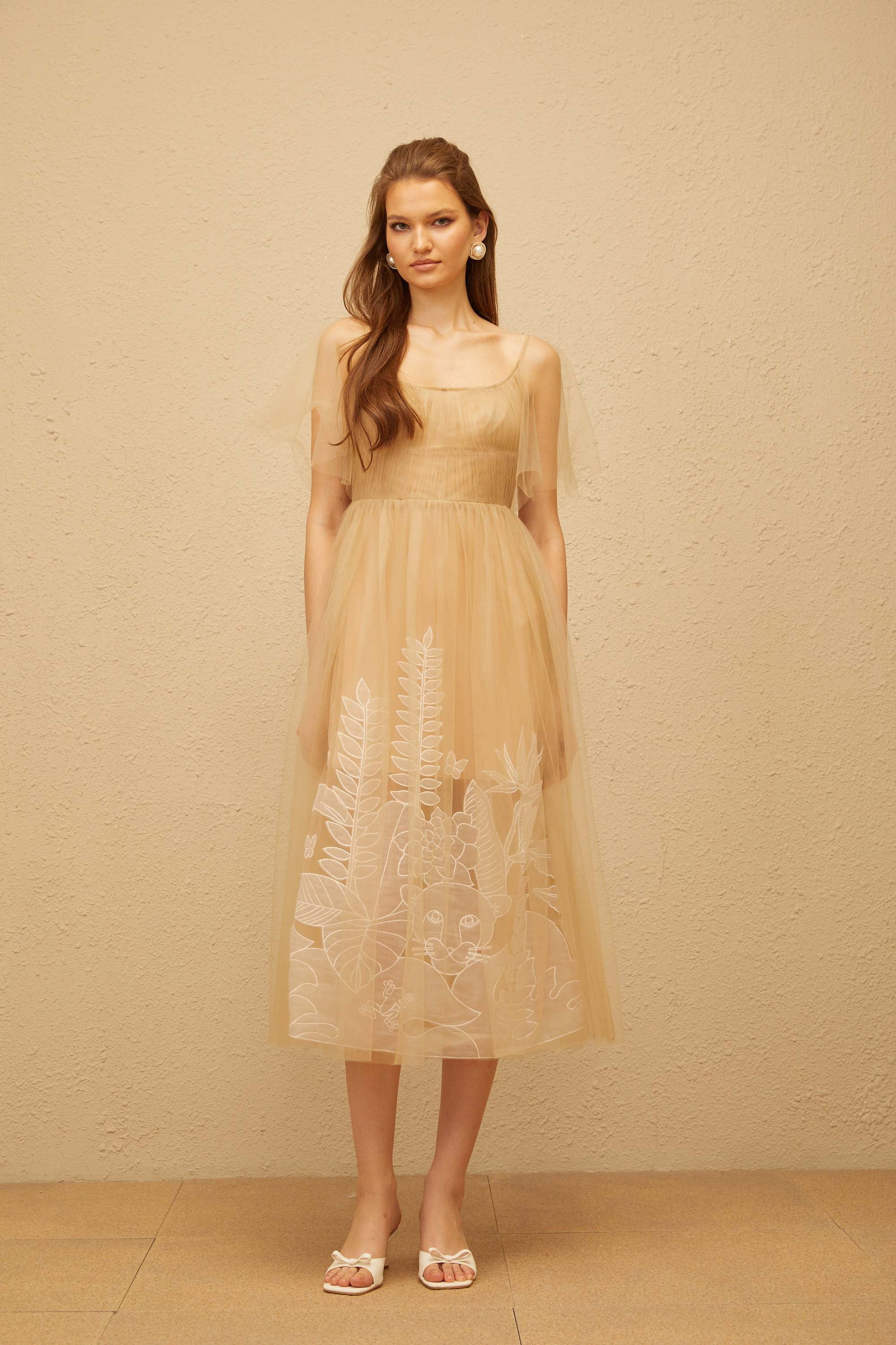 Blanka Neutral Pleated Jacquard Tulle Midi Dress (Final Sale)