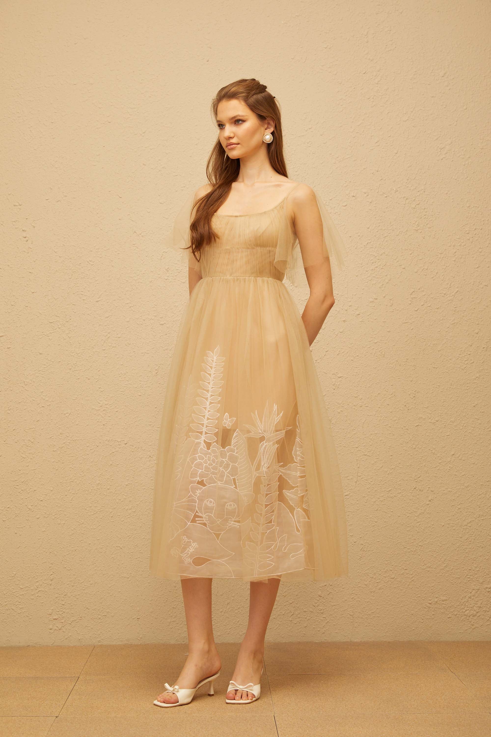 Blanka Neutral Pleated Jacquard Tulle Midi Dress (Final Sale)