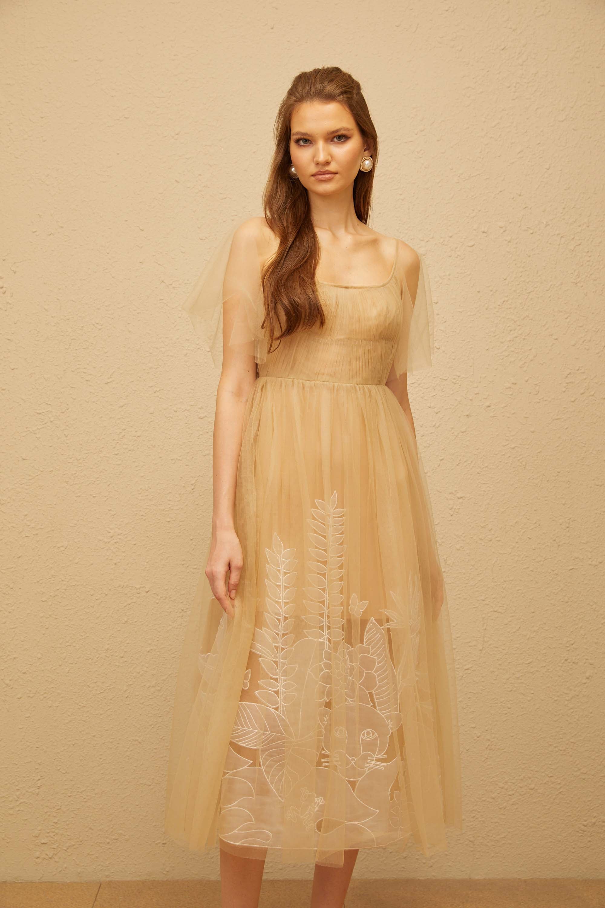 Blanka Neutral Pleated Jacquard Tulle Midi Dress (Final Sale)