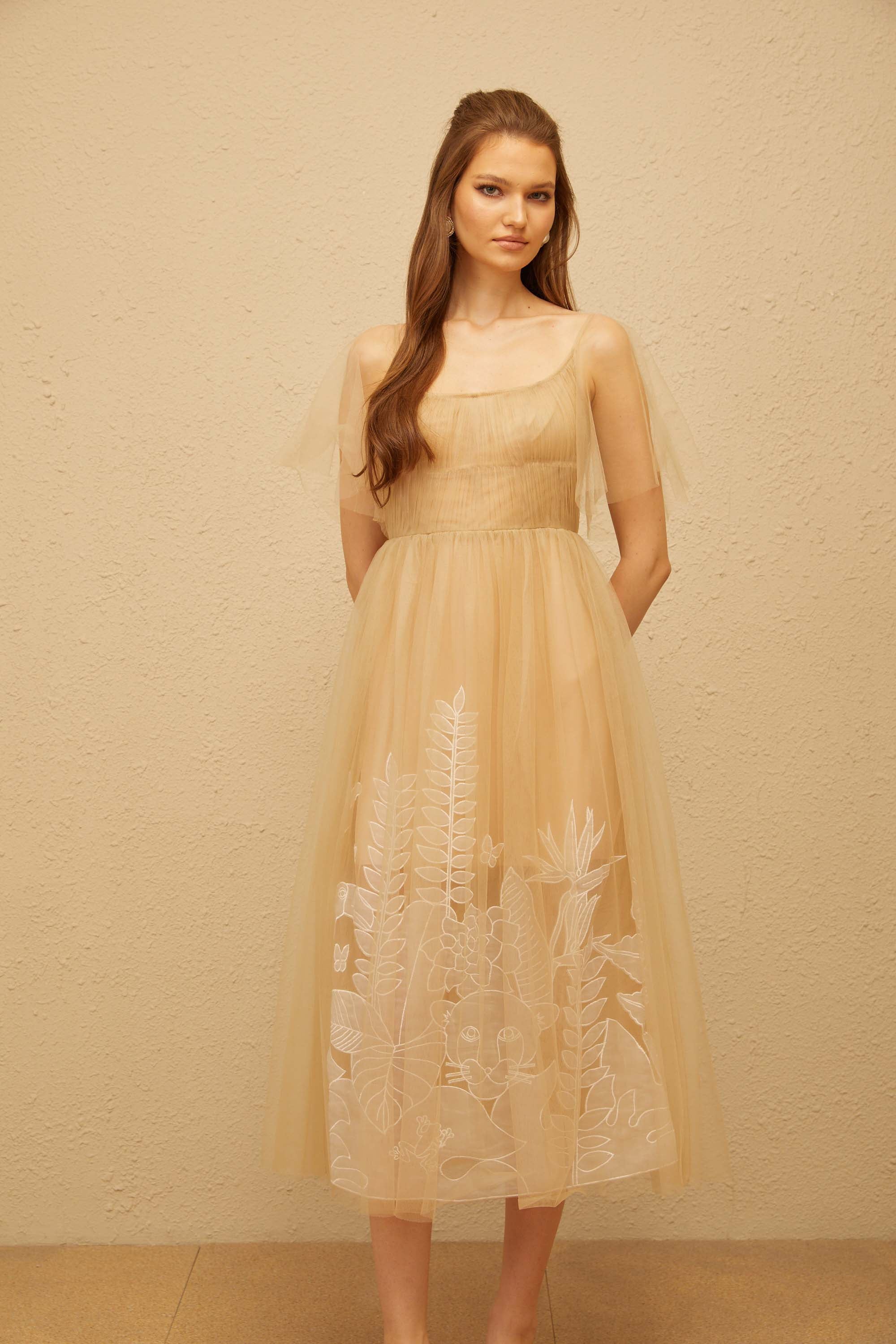Blanka Neutral Pleated Jacquard Tulle Midi Dress (Final Sale)