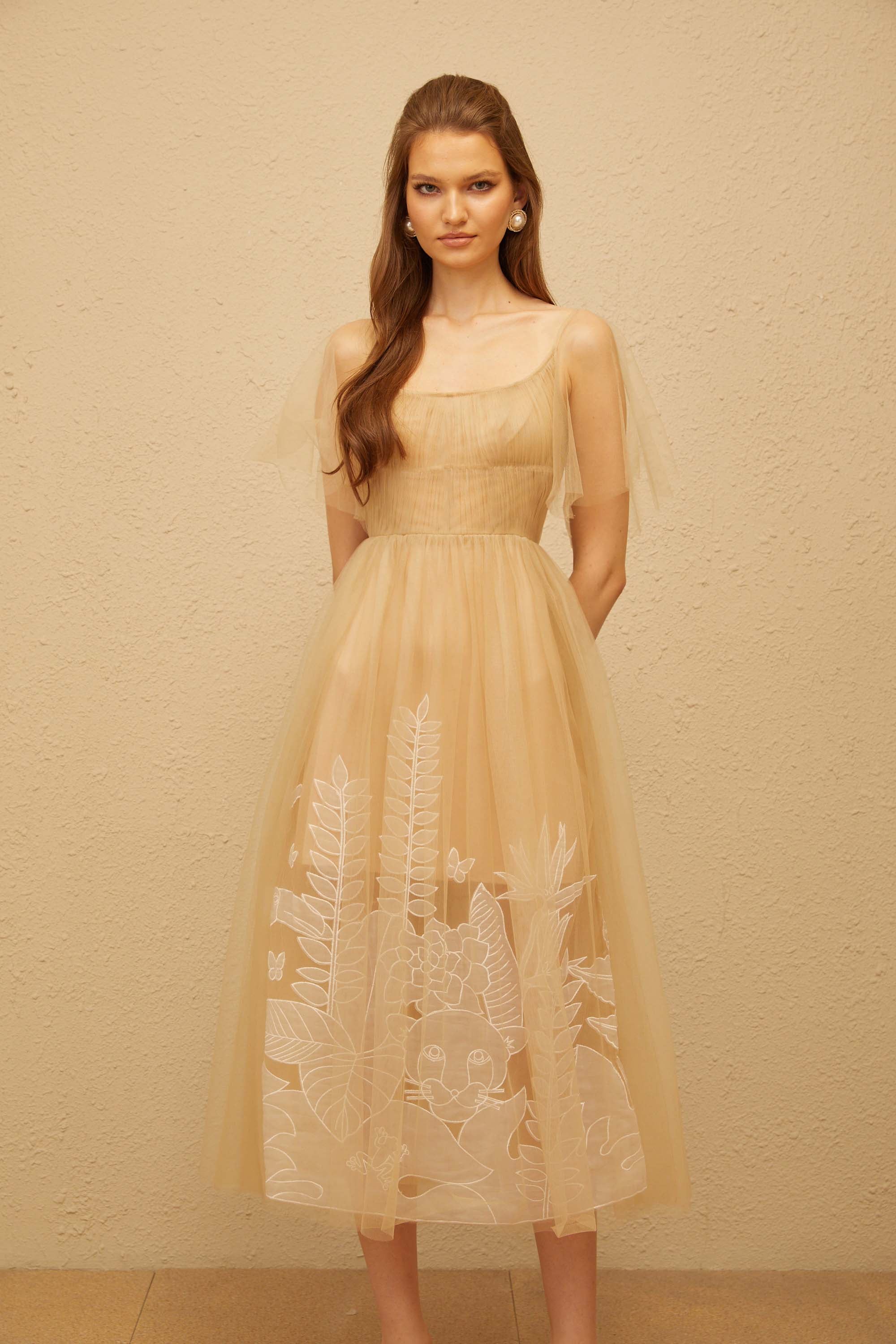 Blanka Neutral Pleated Jacquard Tulle Midi Dress (Final Sale)
