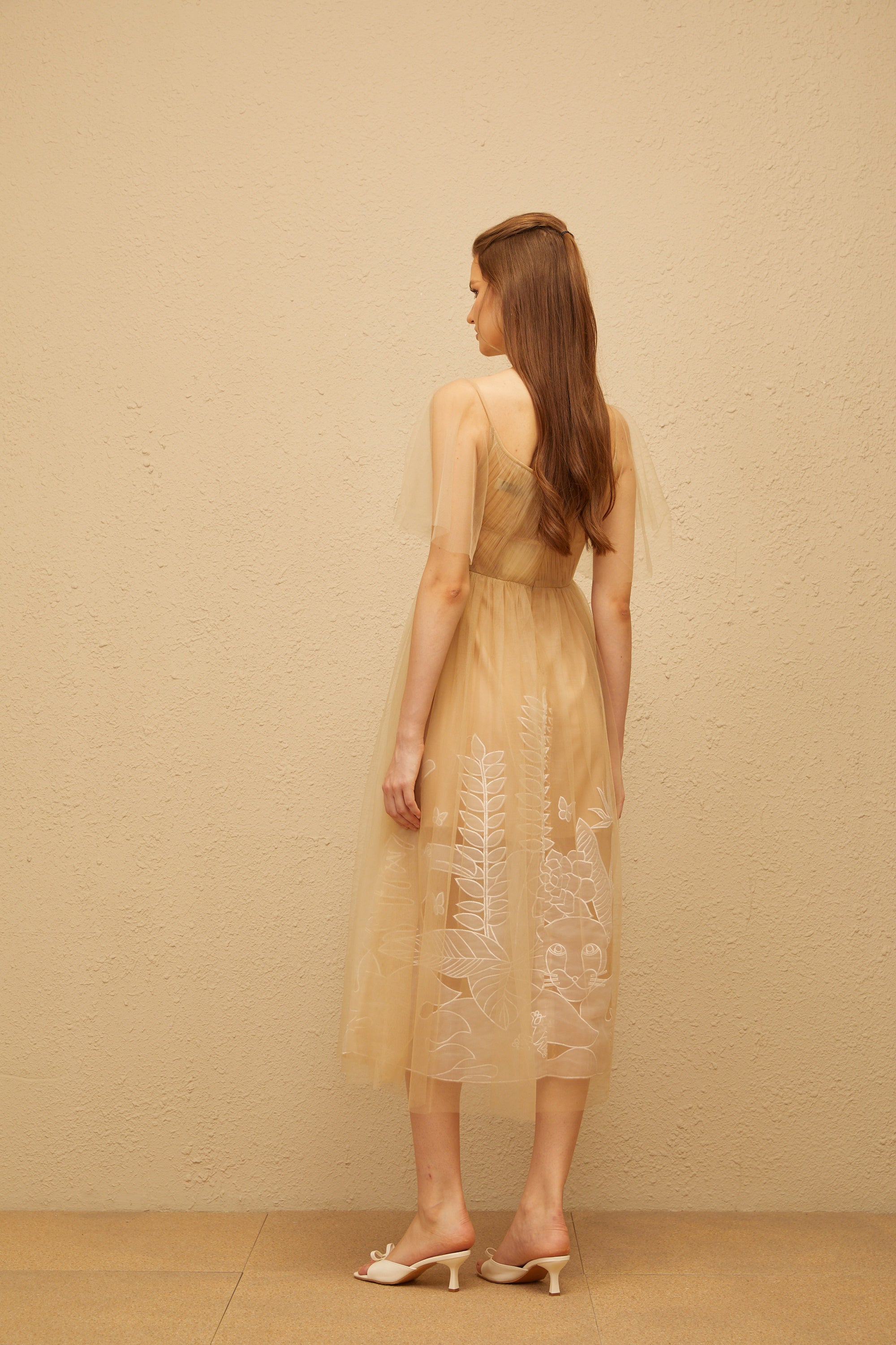 Blanka Neutral Pleated Jacquard Tulle Midi Dress (Final Sale)