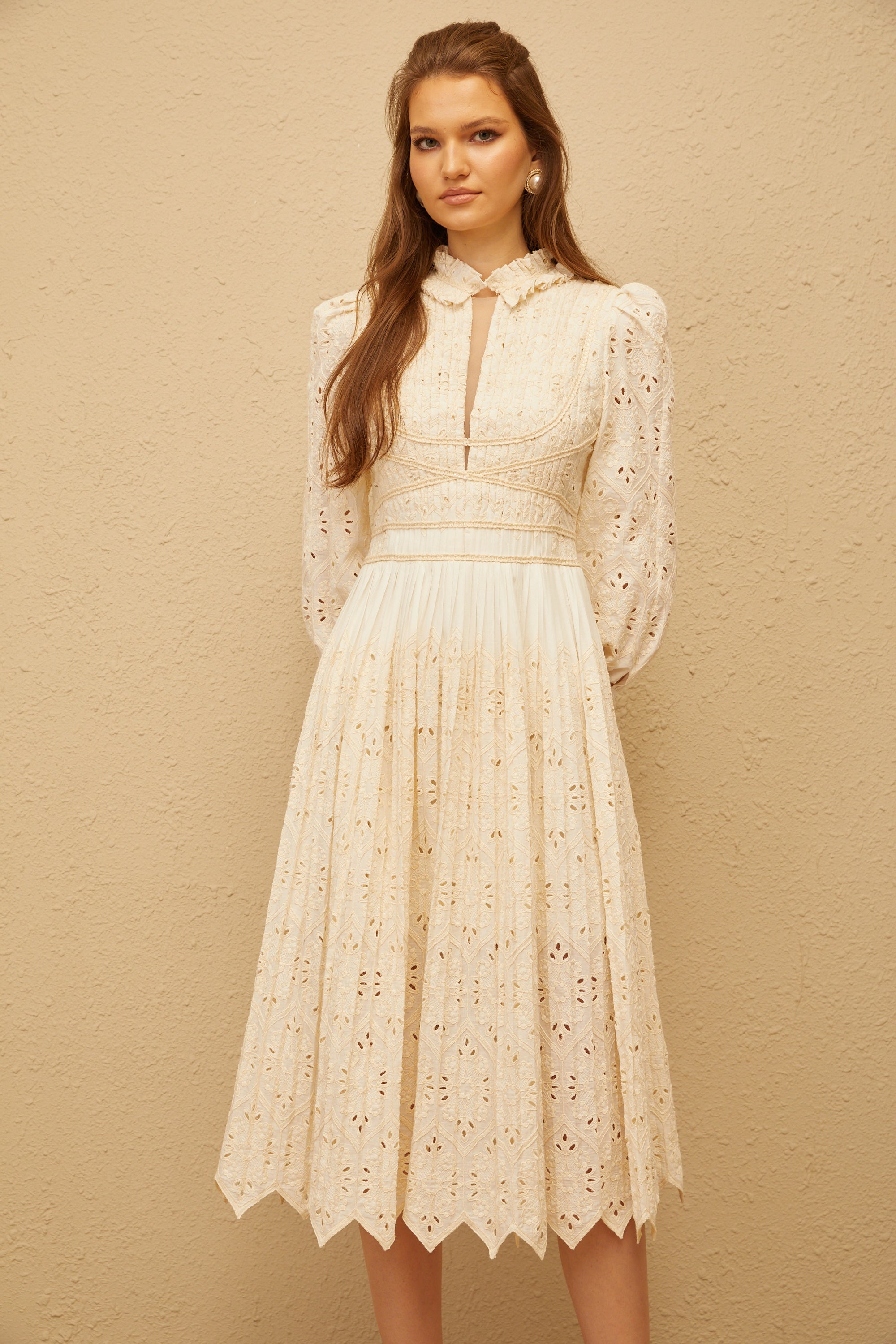 Isabeau Neutral Floral Embroidered Pleated Midi Dress (Final Sale)