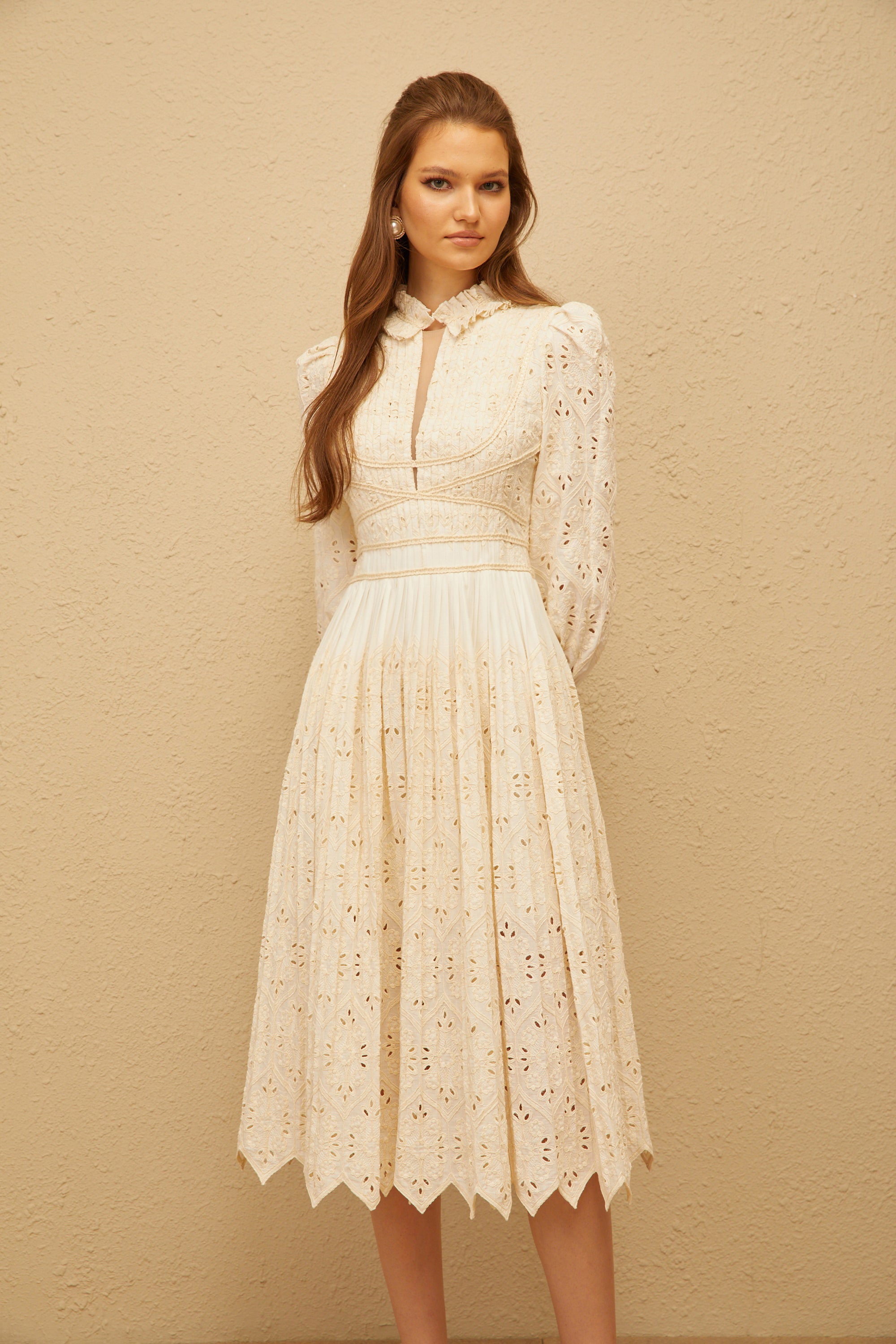 Isabeau Neutral Floral Embroidered Pleated Midi Dress (Final Sale)