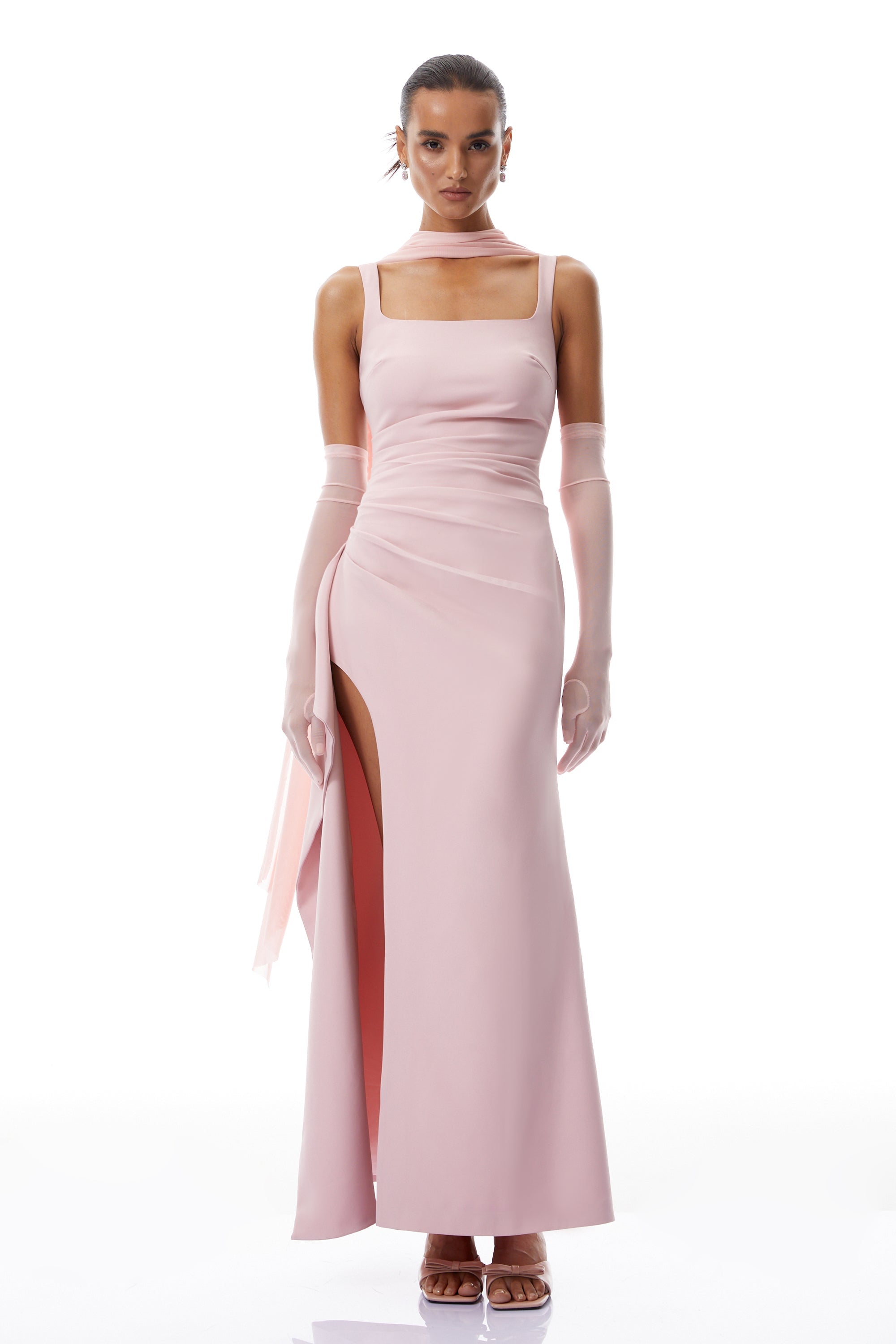 Ophélie Pink Scarf Detail Gathered Maxi Dress (Final Sale-US Only)