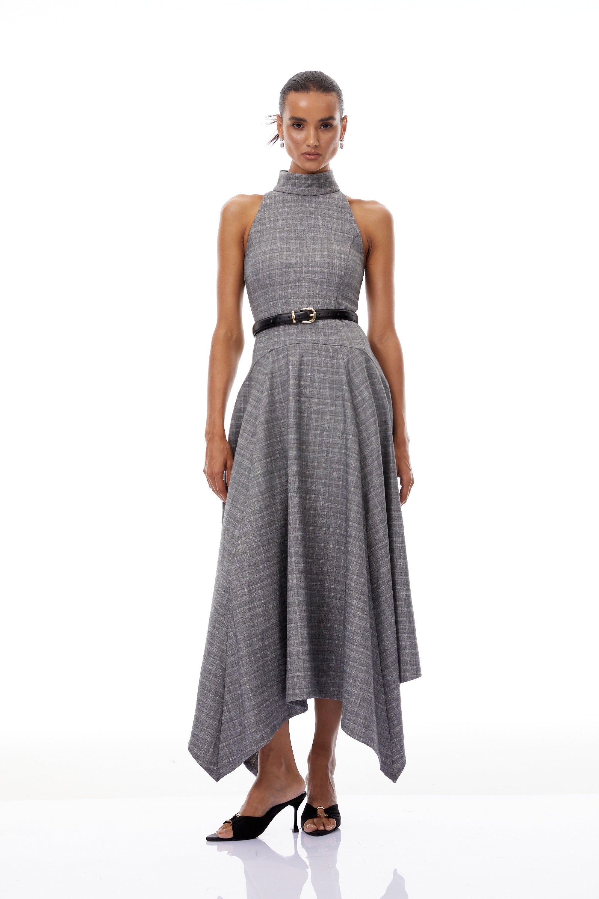 Wilhemine Grey Checked Tweed Midi Dress (Without Belt) (Final Sale)