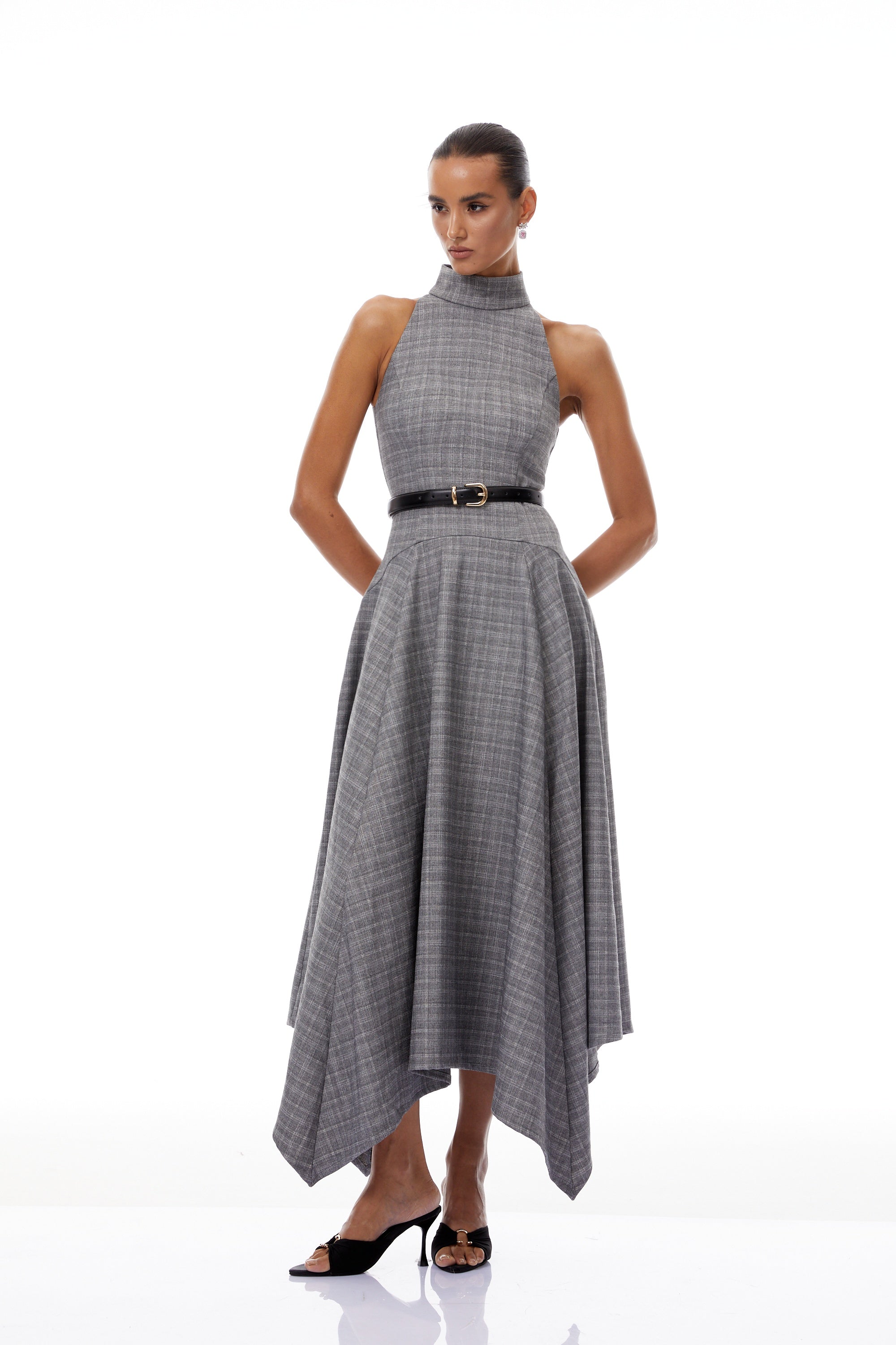 Wilhemine Grey Checked Tweed Maxi Dress (Without Belt)