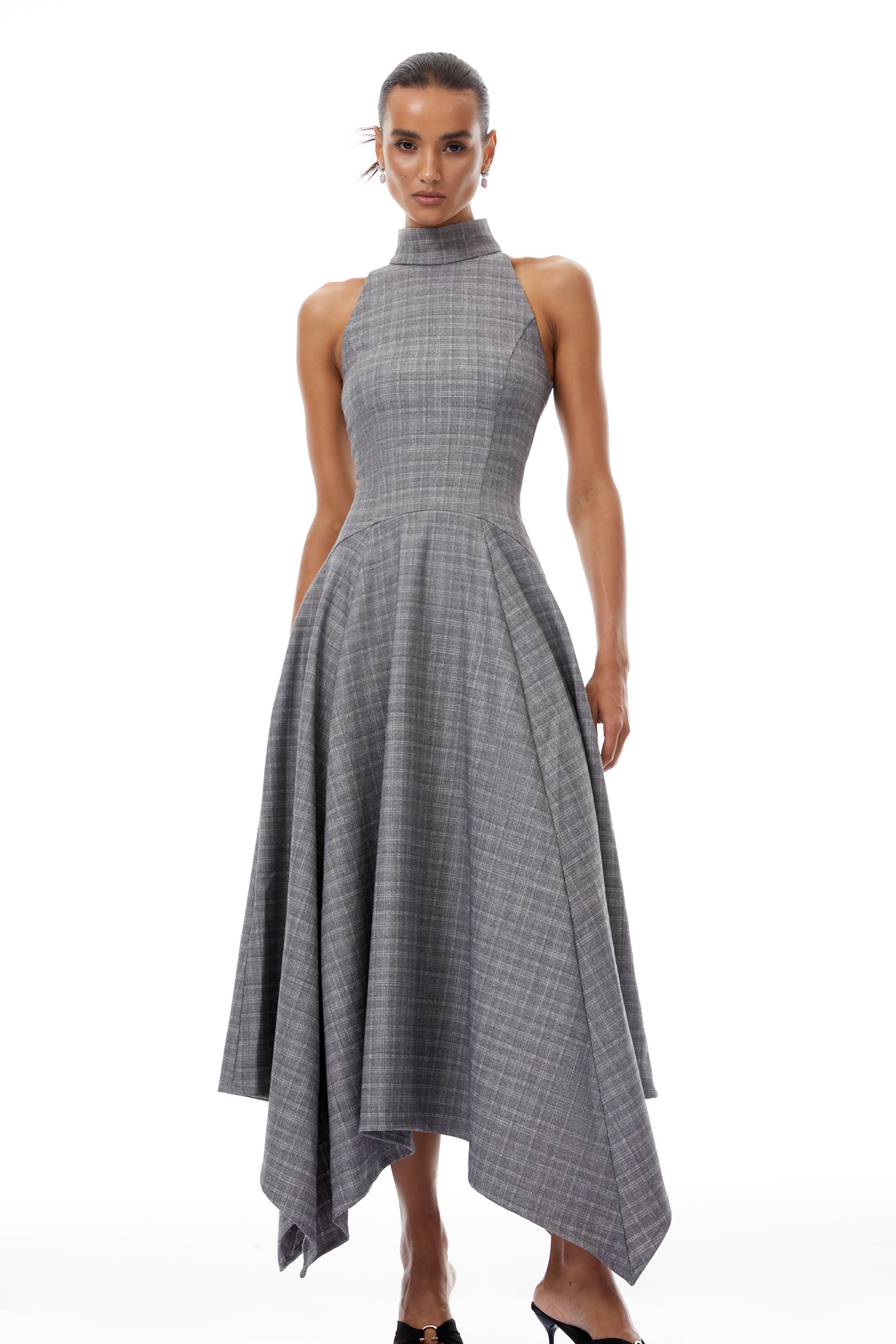 Wilhemine Grey Checked Tweed Midi Dress (Without Belt) (Final Sale)
