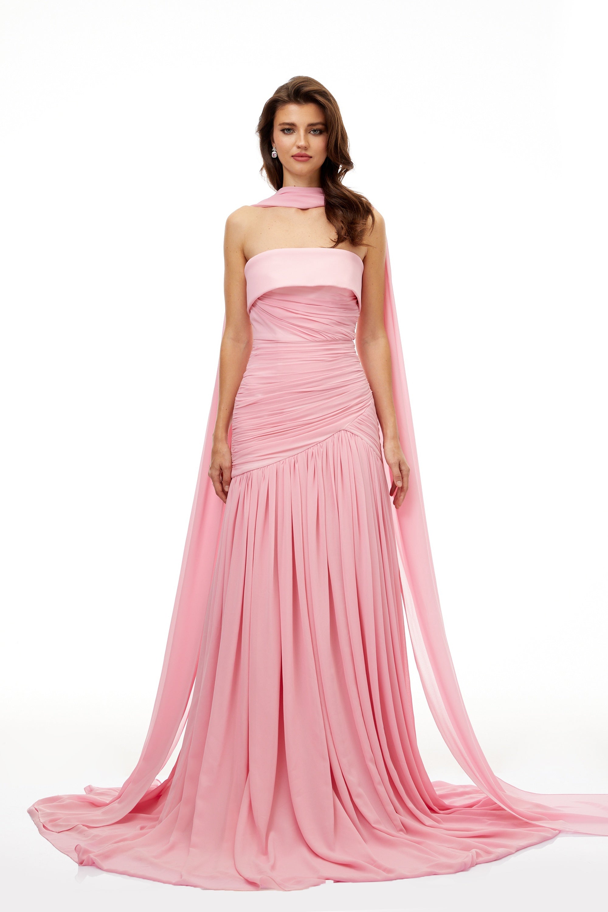 Laetitia Pink Pleated Train Ruched Maxi Dress (Final Sale)