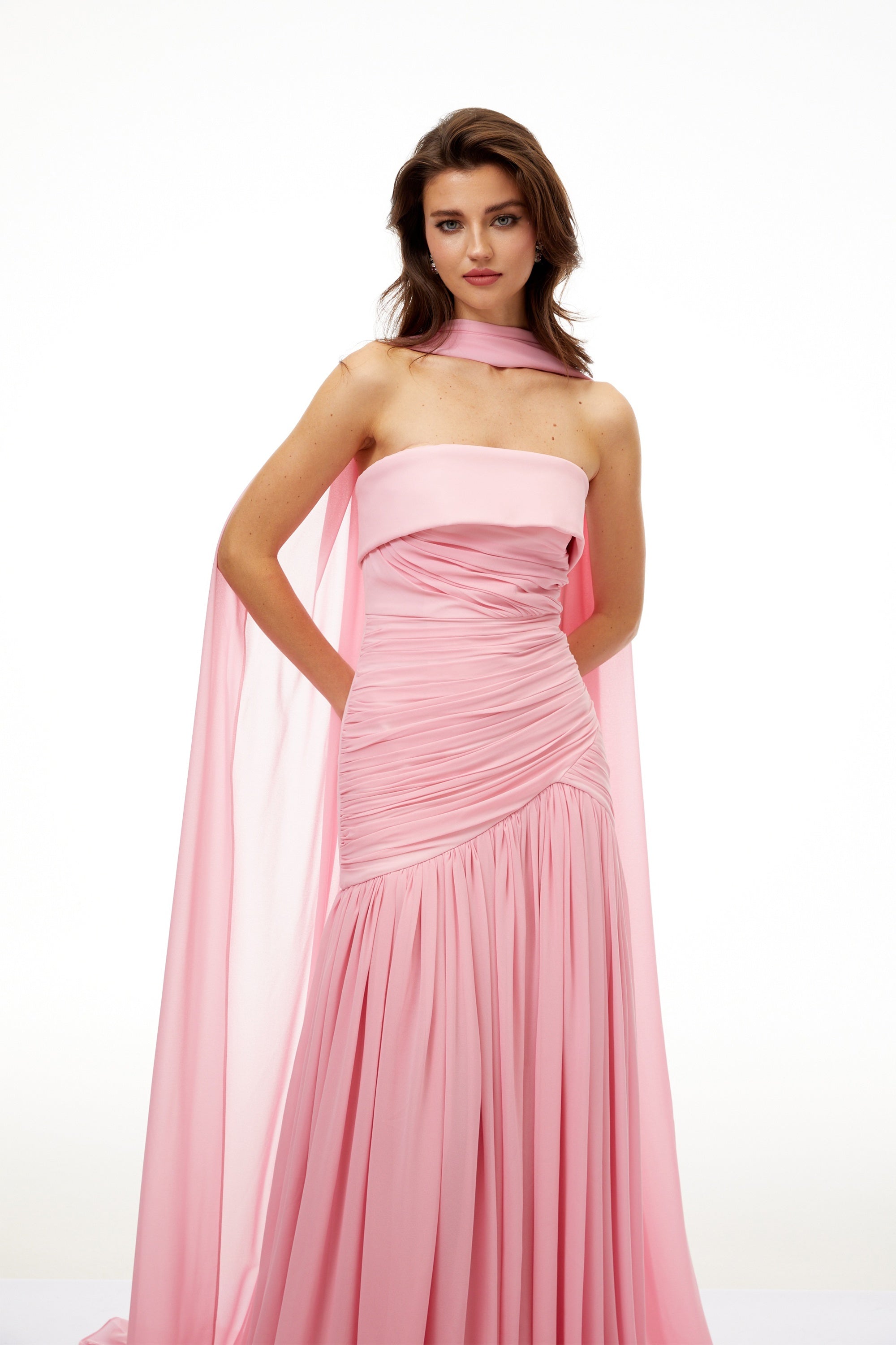 Laetitia Pink Pleated Train Ruched Maxi Dress (Final Sale)