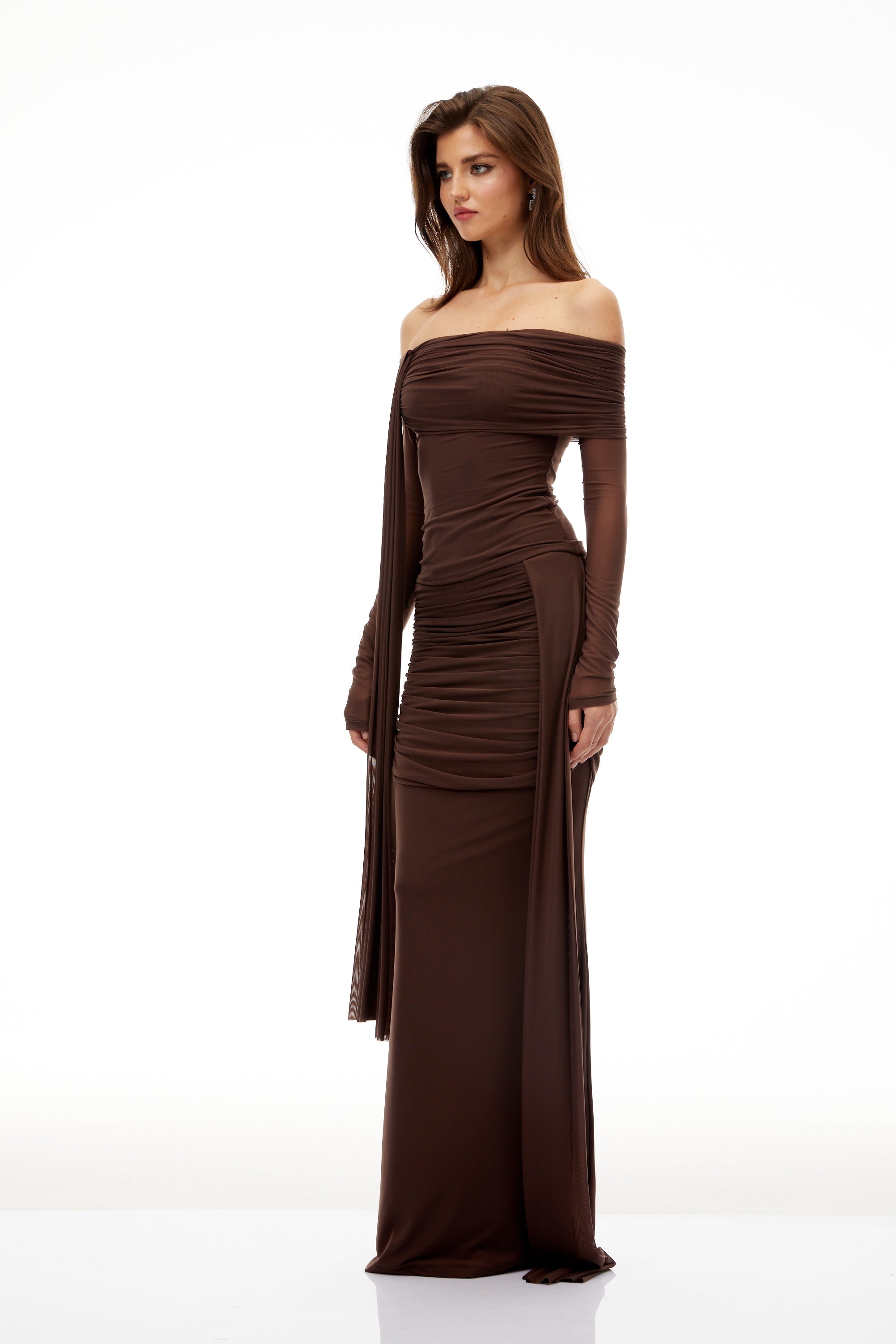 Hyacinthe Brown Asymmetrical Ruched Top & Skirt Set (Final Sale)