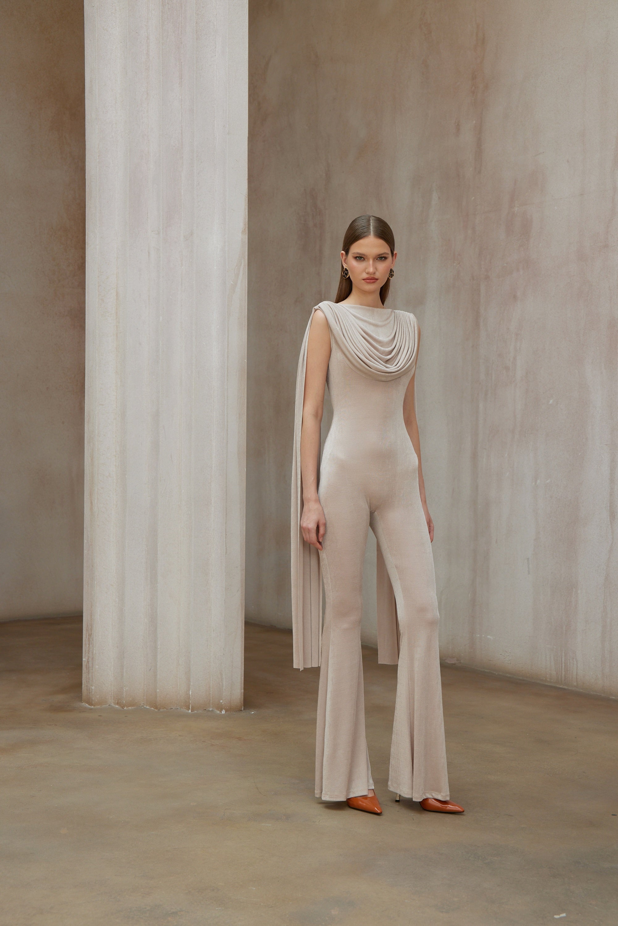 Clarisse Neutral Dropped Design Velvet Jumpsuit (Final Sale)