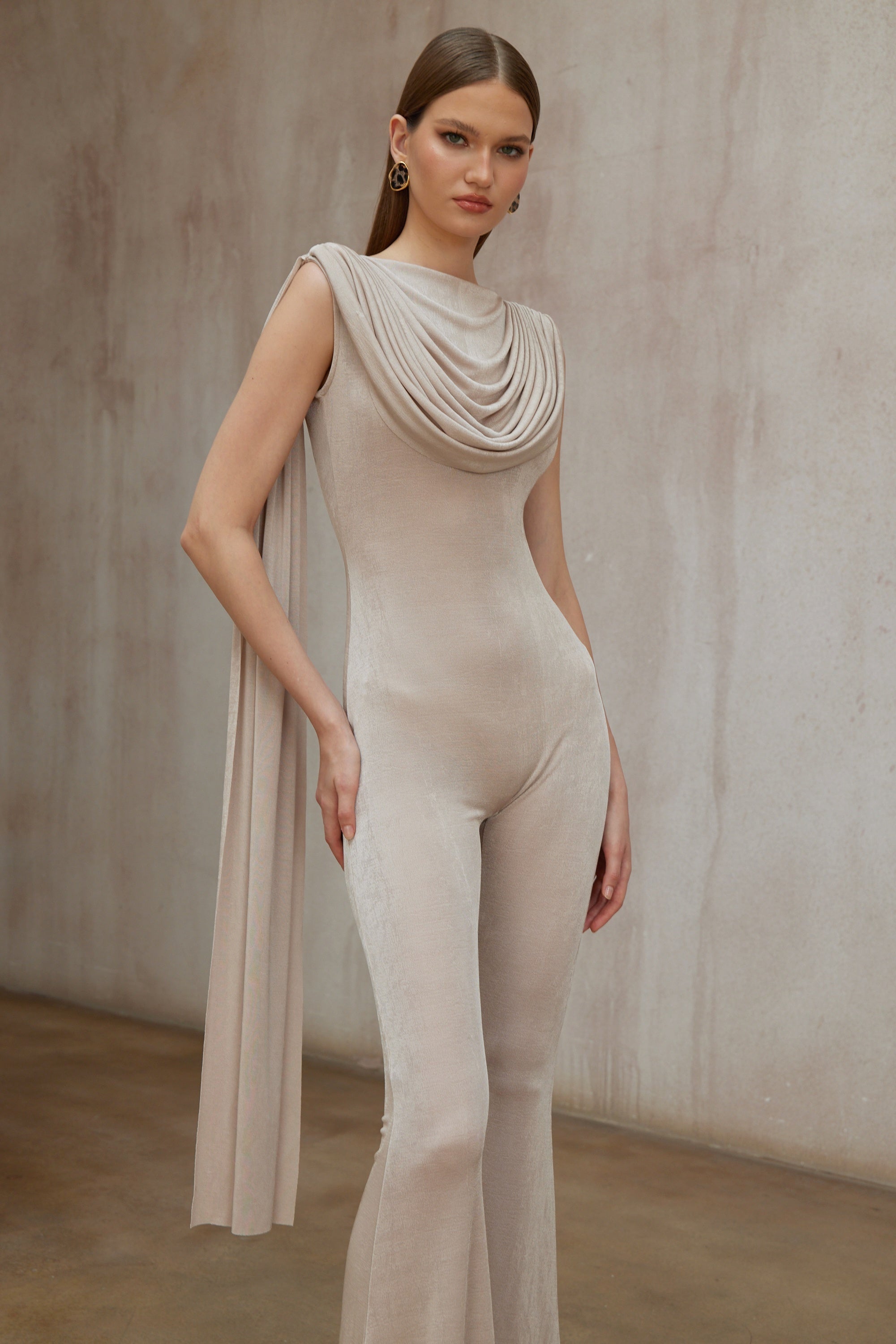 Clarisse Neutral Dropped Design Velvet Jumpsuit (Final Sale)