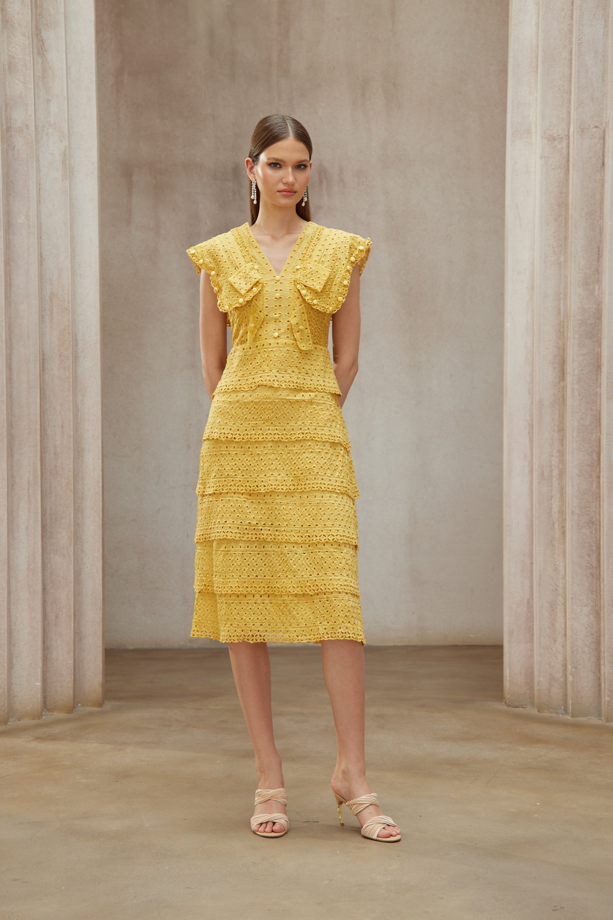 Fidji Yellow Layered Embroidered Midi Dress (Final Sale)