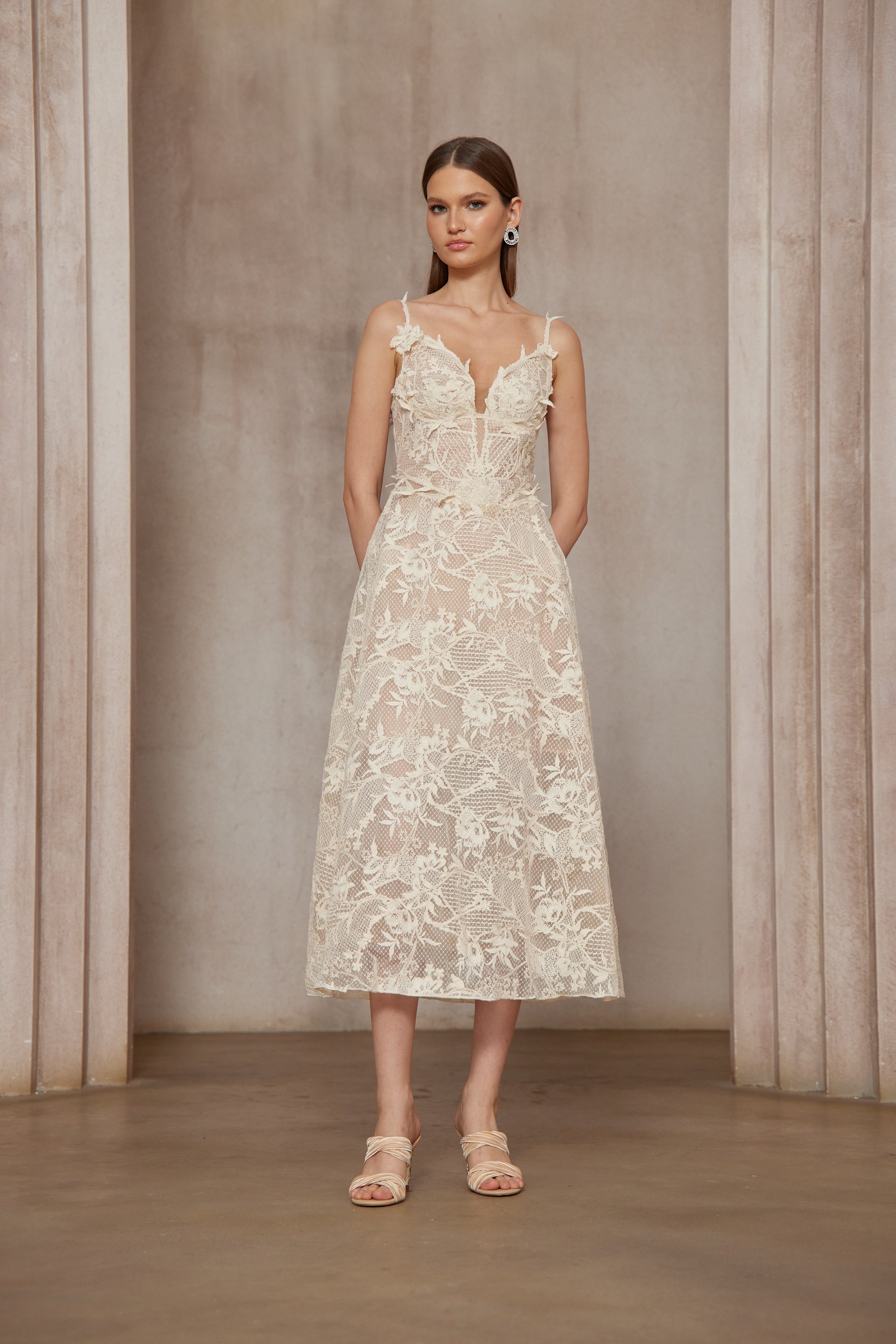 Amber White Sleeveless Floral Lace Midi Dress (Final Sale)