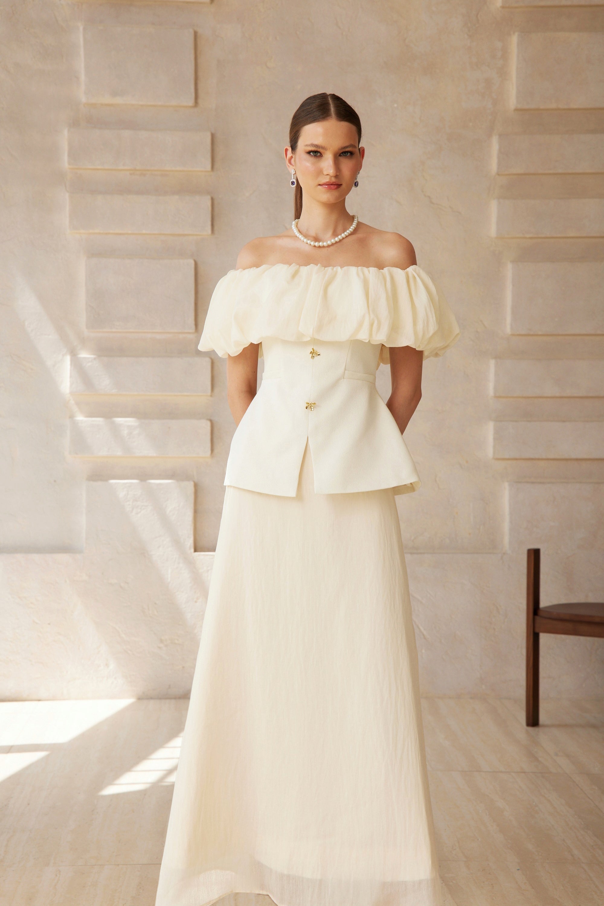 Dianthe White Off Shoulder Shirred Top & Skirt Set