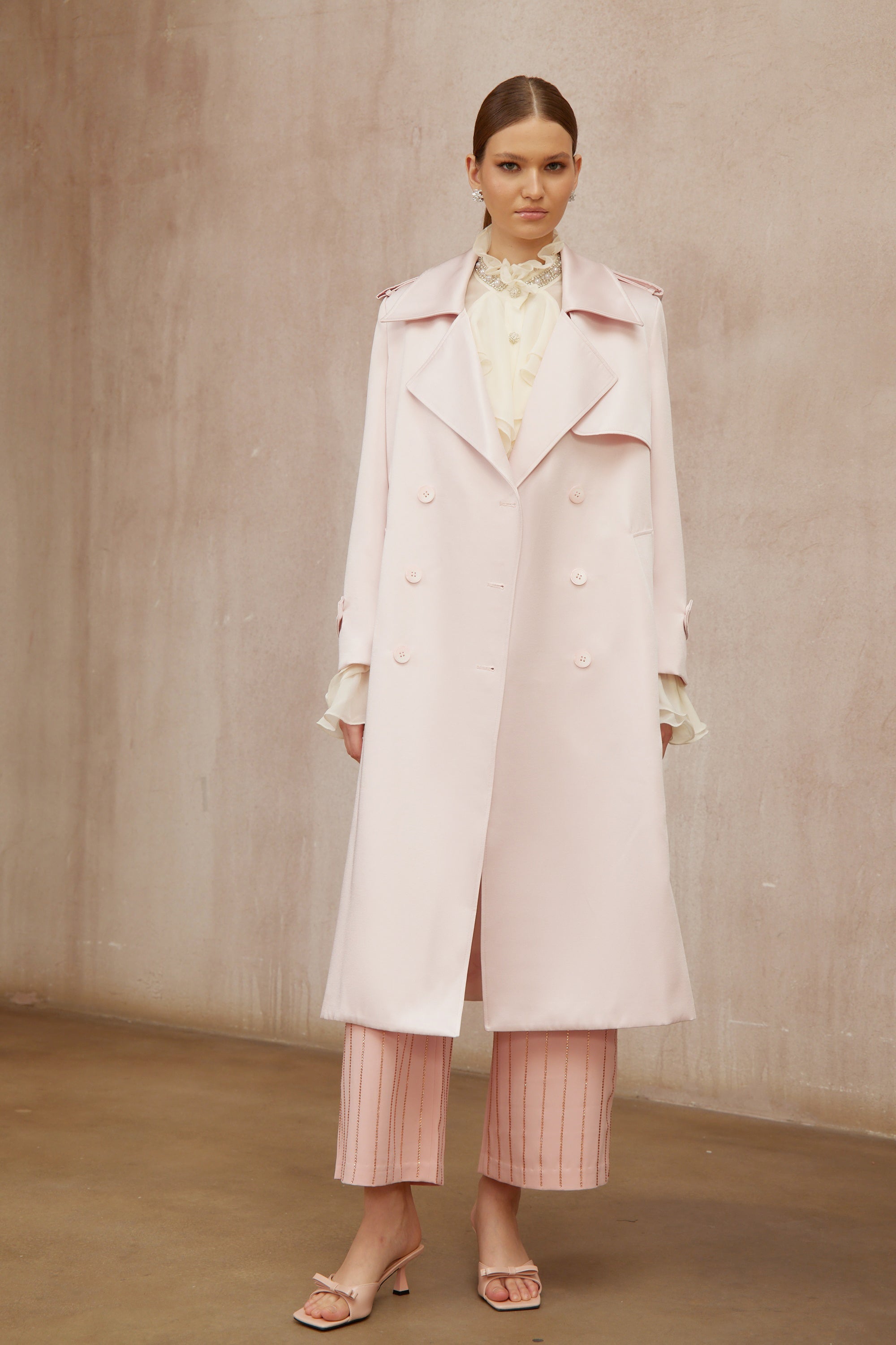 Caméo Pink Double-Breasted Satin Trench Overcoat (Final Sale)