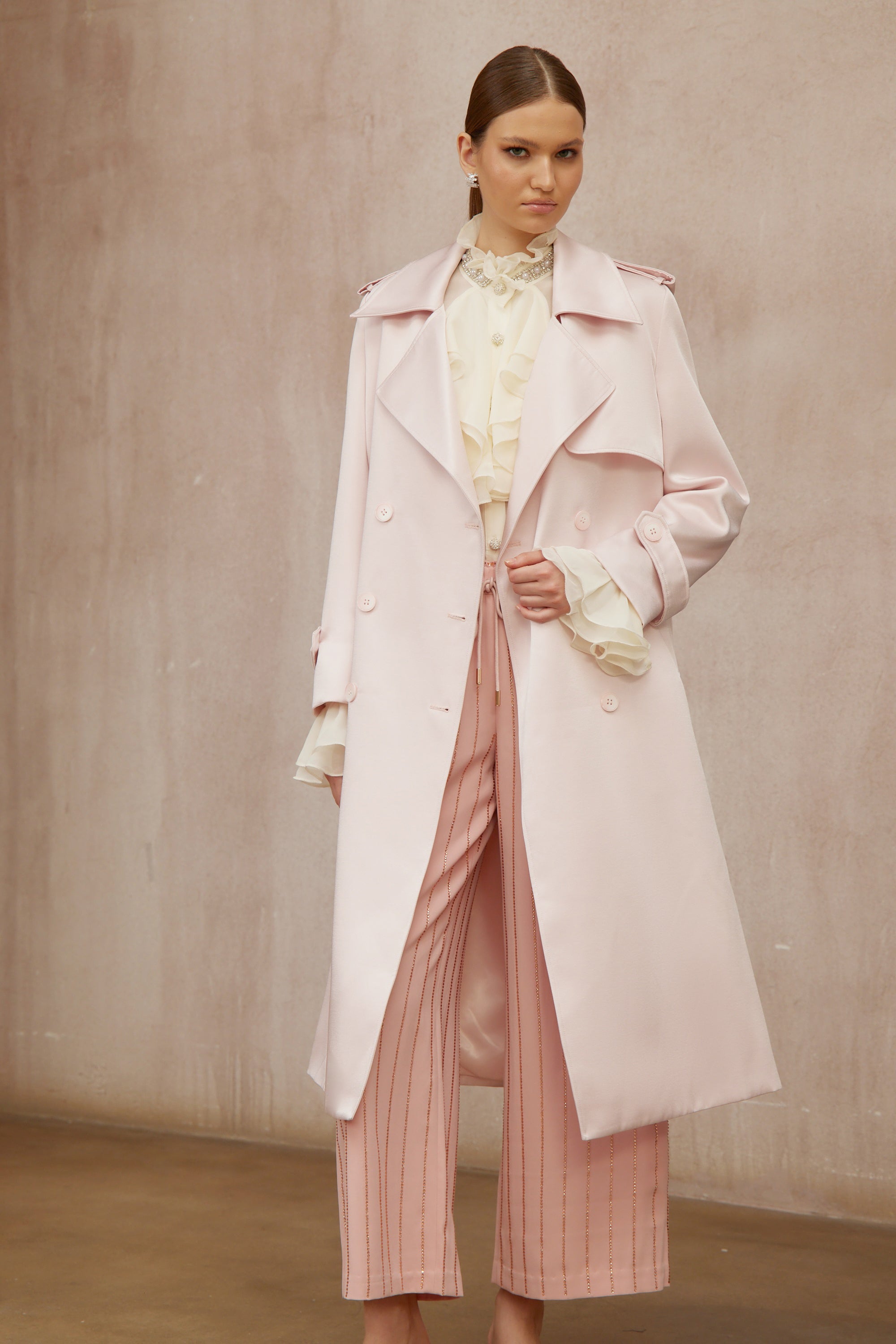 Caméo Pink Double-Breasted Satin Trench Overcoat (Final Sale)