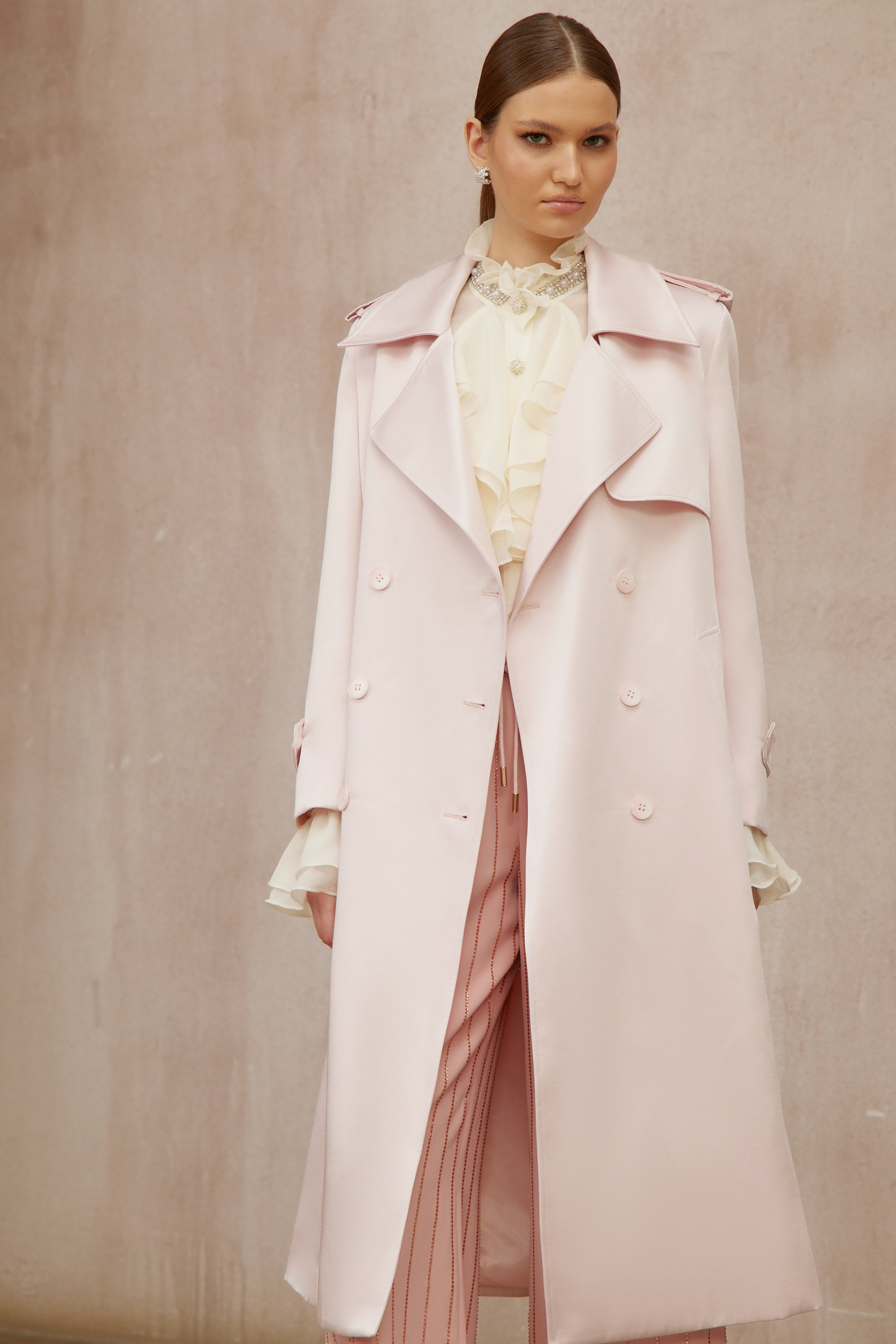Caméo Pink Double-Breasted Satin Trench Overcoat (Final Sale)